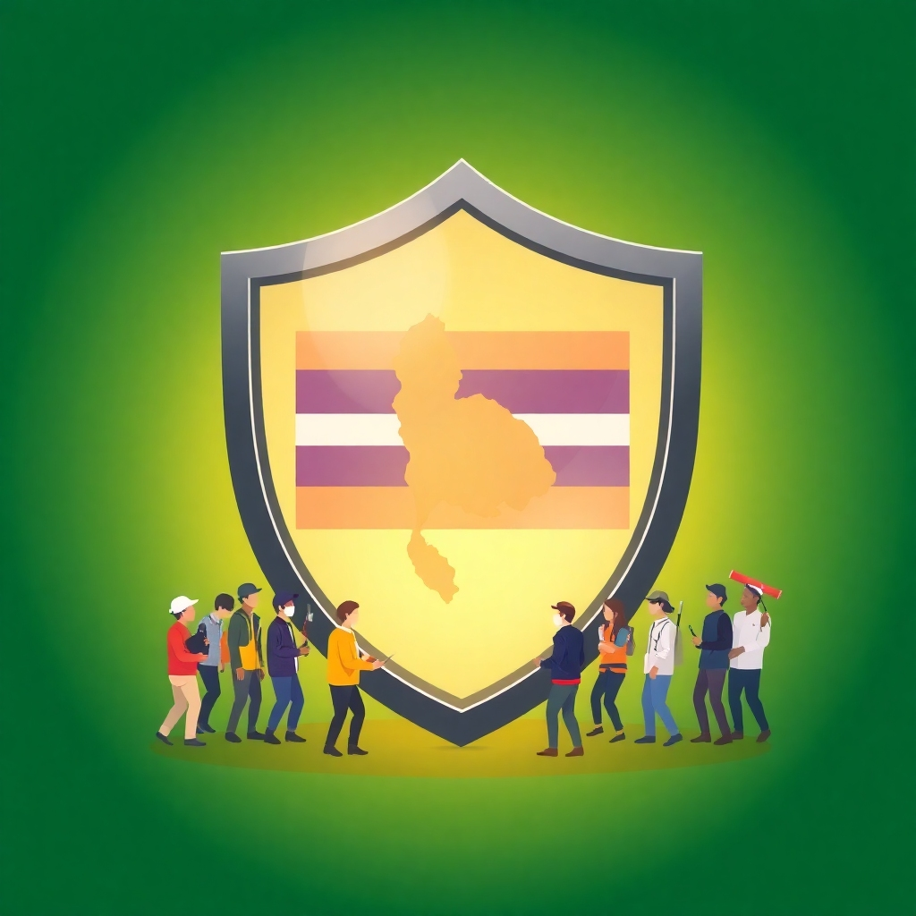  A stylized illustration of a shield with the Thai flag embedded within it, protecting a diverse group of miniature figures representing foreign workers. The background is a gradient of green to gold, signifying growth and prosperity. The lighting is soft and protective, emphasizing the security and assurance provided. Style reference: Modern flat design meets infographic.