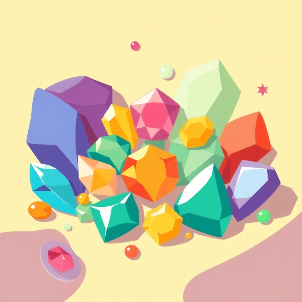 A stylized illustration that combines abstract shapes with gemstones in a way that suggests abundance and good fortune. The image can be whimsical and playful. The lighting should be bright and positive. The camera angle should be high angle to show the full picture. Style references could be abstract art. The color palette should be optimistic and bold. Technical specs: 4K resolution, stylized.
