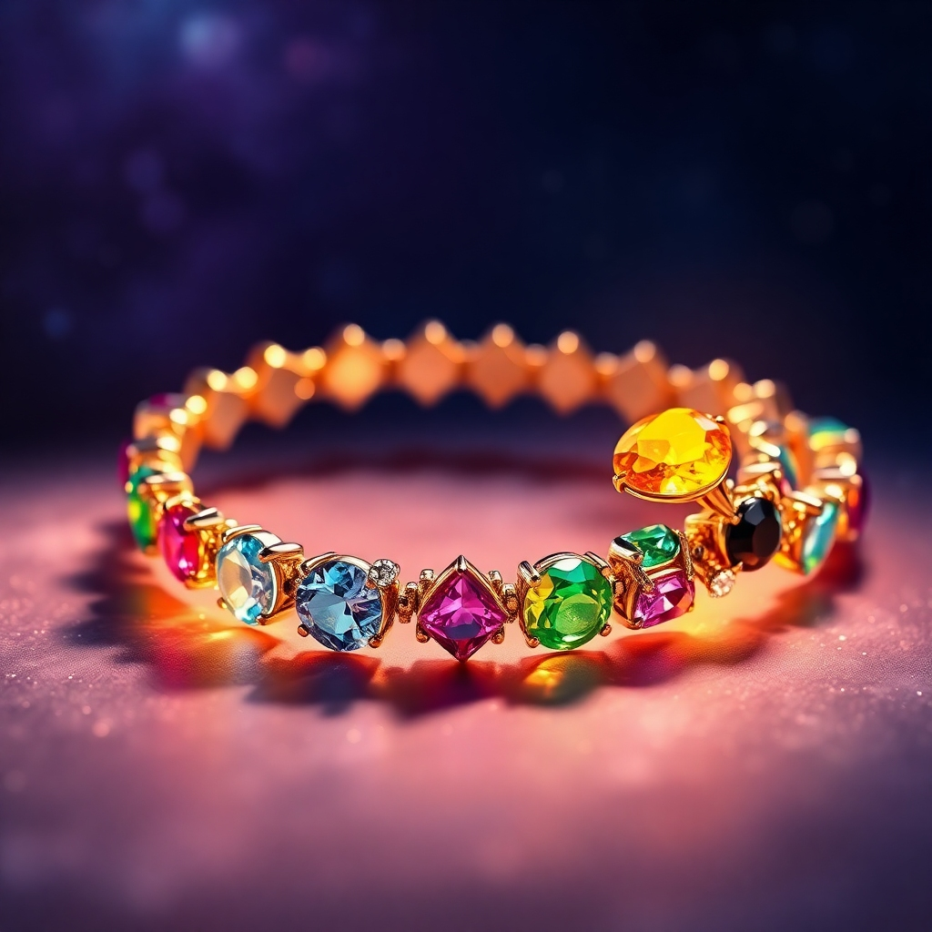 A stylized image combining celestial elements with gemstone bracelets. The gemstones could be arranged to form constellations or celestial patterns, adding a mystical and visually captivating feel to the design.  The background could incorporate nebulae or stardust elements.  The lighting should be warm and inviting. The camera angle should be a balanced shot showcasing the combination of both elements. The color palette could be inspired by night skies, with deep blues and purples, accented by the vibrant colors of the gems. Technical specs: 4K resolution, photorealistic/stylized blend.