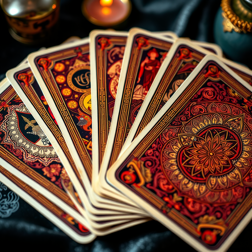 A stylized image depicting a beautifully designed deck of tarot cards with intricate Thai-inspired patterns. The cards are arranged in a fan shape, revealing a variety of symbols and archetypes. The color palette is rich and vibrant, with a focus on mystique and tradition. The lighting is soft and ethereal, emphasizing the magic and mystery of the tarot. The camera angle is a close-up on the cards. Style is a blend of modern graphic design and traditional Thai art. Technical specs: 4K resolution, high quality.