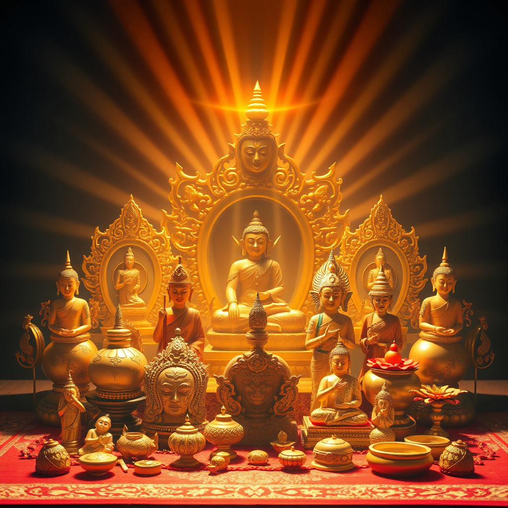 A stylized image depicting a collection of auspicious Thai amulets and sacred objects, radiating a warm and golden light. The objects are arranged in a harmonious composition, symbolizing prosperity and good fortune. The color palette is predominantly gold and red, representing wealth and luck. The lighting is soft and radiant, emphasizing the positive energy. The camera angle is a medium shot, capturing the beauty and significance of the objects. Style is traditional Thai art. Technical specs: 4K resolution, high quality.
