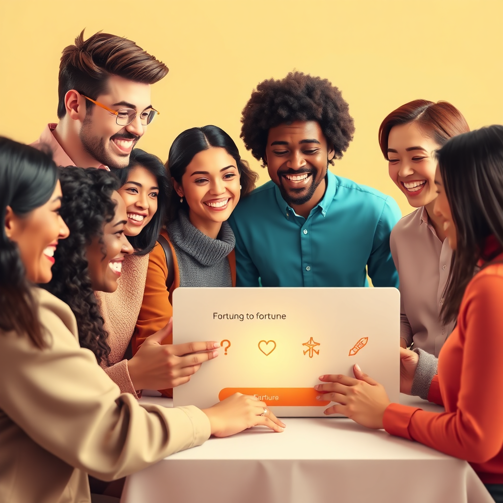 A stylized image depicting a group of diverse people happily interacting with a website featuring a fortune-telling plugin. The scene conveys a sense of community and engagement. The color palette is warm and inviting, with a focus on connection and belonging. The lighting is soft and natural, emphasizing the positive emotions. The camera angle is a medium shot, capturing the interaction between the users and the website. The style is modern and inclusive. Technical specs: 4K resolution, high quality.