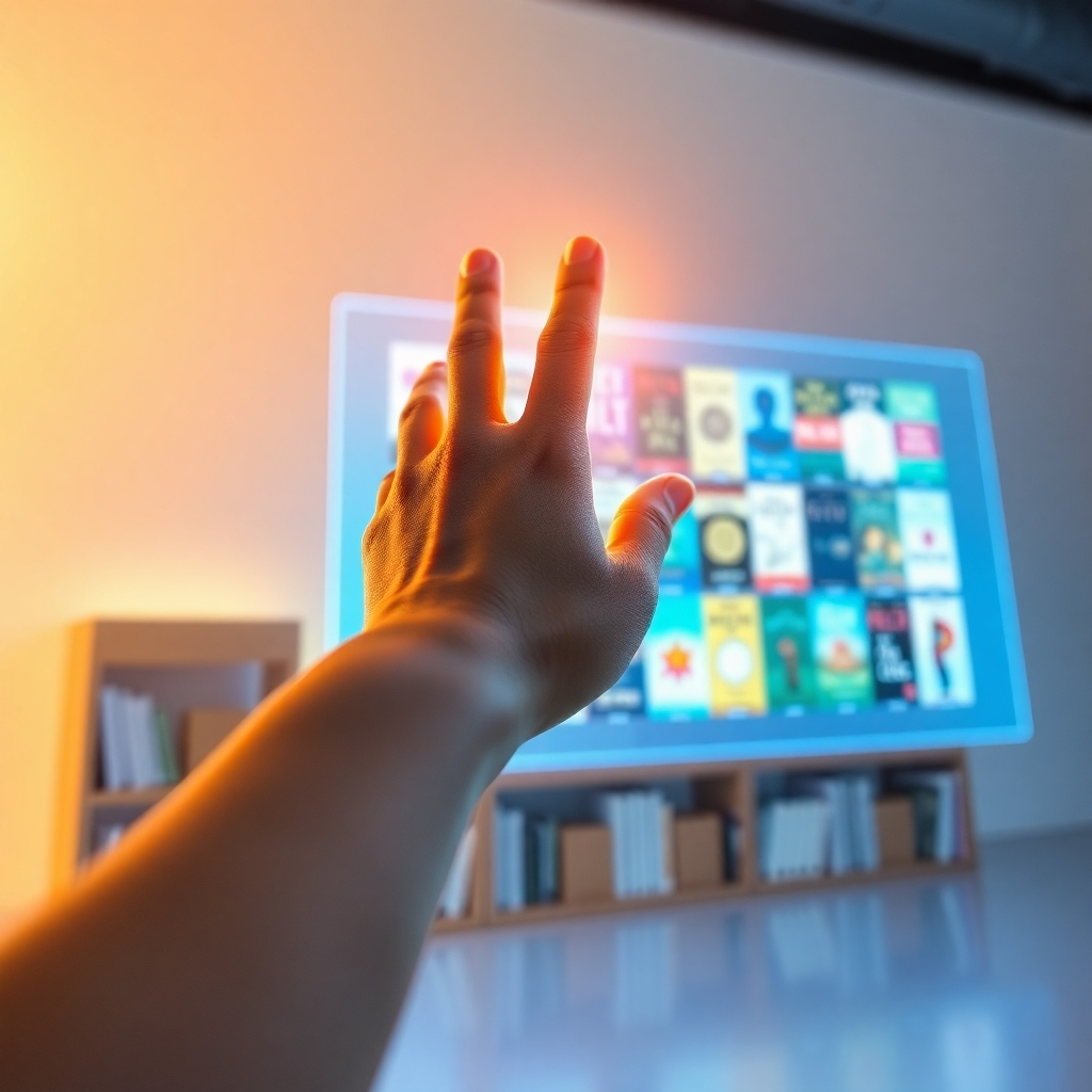 A stylized image depicting a hand reaching out to touch a glowing digital screen showcasing a diverse collection of book covers. The composition should highlight the seamless integration of technology and literature. The lighting should be bright and airy, with a soft glow emanating from the screen.  The color palette should include warm, inviting colors like gold and orange to emphasize success and opportunity, complemented by cool blues to represent technology and innovation. The camera angle should be from a slightly low perspective, looking upward toward the hand and the screen. The texture should include smooth, high-gloss surfaces for the screen and a natural, slightly textured feel for the hand. The environment should be a clean, minimalist setting. The style should reference modern technology and artistic representations of literature and knowledge.  The technical specs are 4K resolution and high quality.