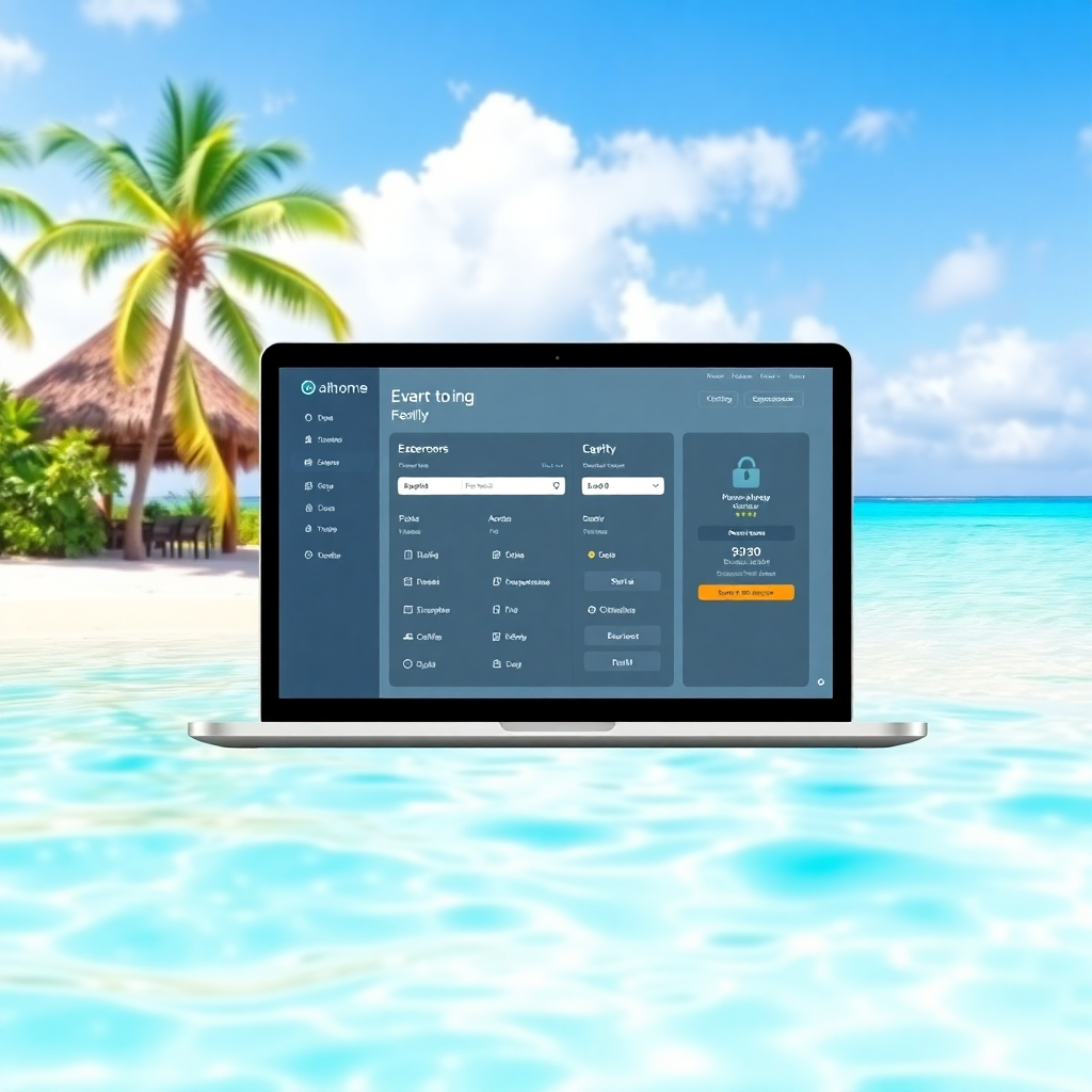 A stylized image depicting a laptop displaying a user-friendly booking interface on a tropical beach background. The style should be clean, modern, and inviting, emphasizing ease of use and security. The color scheme should be bright and cheerful. Resolution: 4K