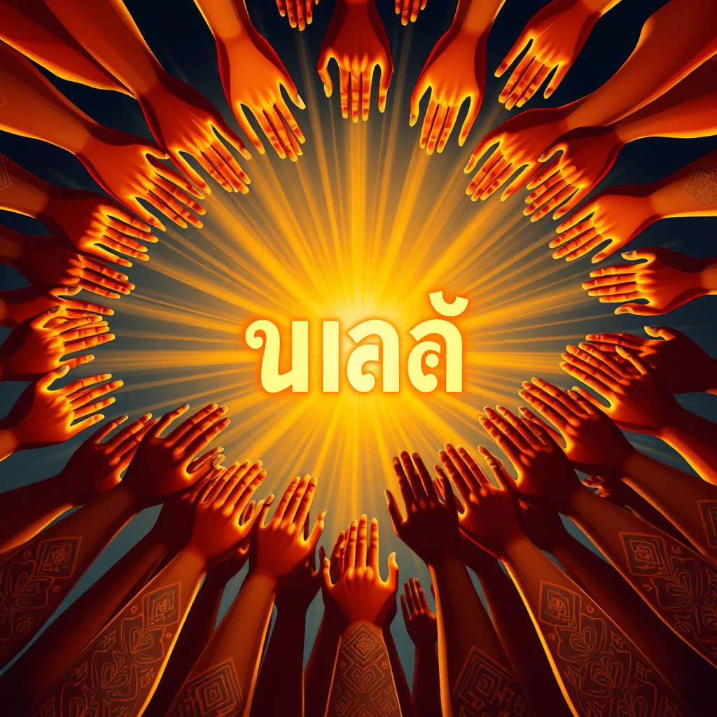 A stylized image depicting a multitude of hands reaching towards a central point, where glowing Thai script characters converge to form a powerful energy vortex. The color palette is vibrant and energetic, with a focus on golds, oranges, and reds. The overall composition suggests unity and collective power. Style reference: a blend of digital art and traditional Thai patterns. Camera angle: wide shot, capturing the scale of the scene.
