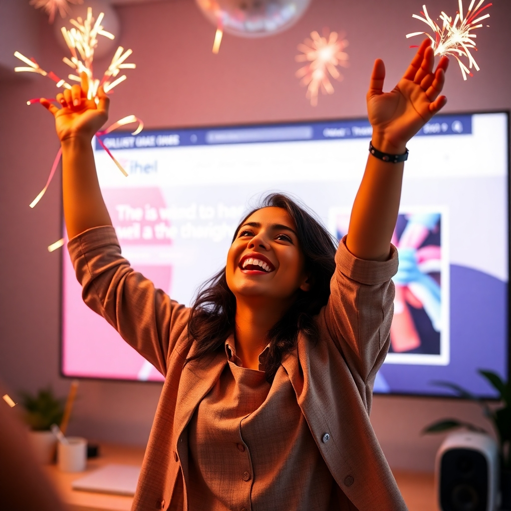 A stylized image depicting a person celebrating a success, with a website in the background. The composition should focus on the positive outcomes of the deal. The lighting should be celebratory and inspirational. The color palette should be bright and cheerful. The camera angle should be a close-up shot, conveying success and happiness. The environment should be positive and celebratory. Technical specs: 4K resolution