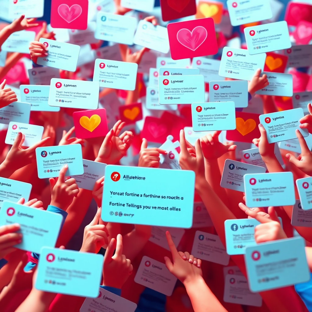 A stylized image depicting a social media feed overflowing with positive comments, shares, and likes related to a website featuring a fortune-telling plugin. The scene conveys a sense of excitement and popularity. The color palette is vibrant and energetic, with a focus on virality and social engagement. The lighting is bright and dynamic, emphasizing the buzz and excitement. The camera angle is a wide shot, capturing the scale of the social media activity. Style is modern social media design. Technical specs: 4K resolution, high quality.