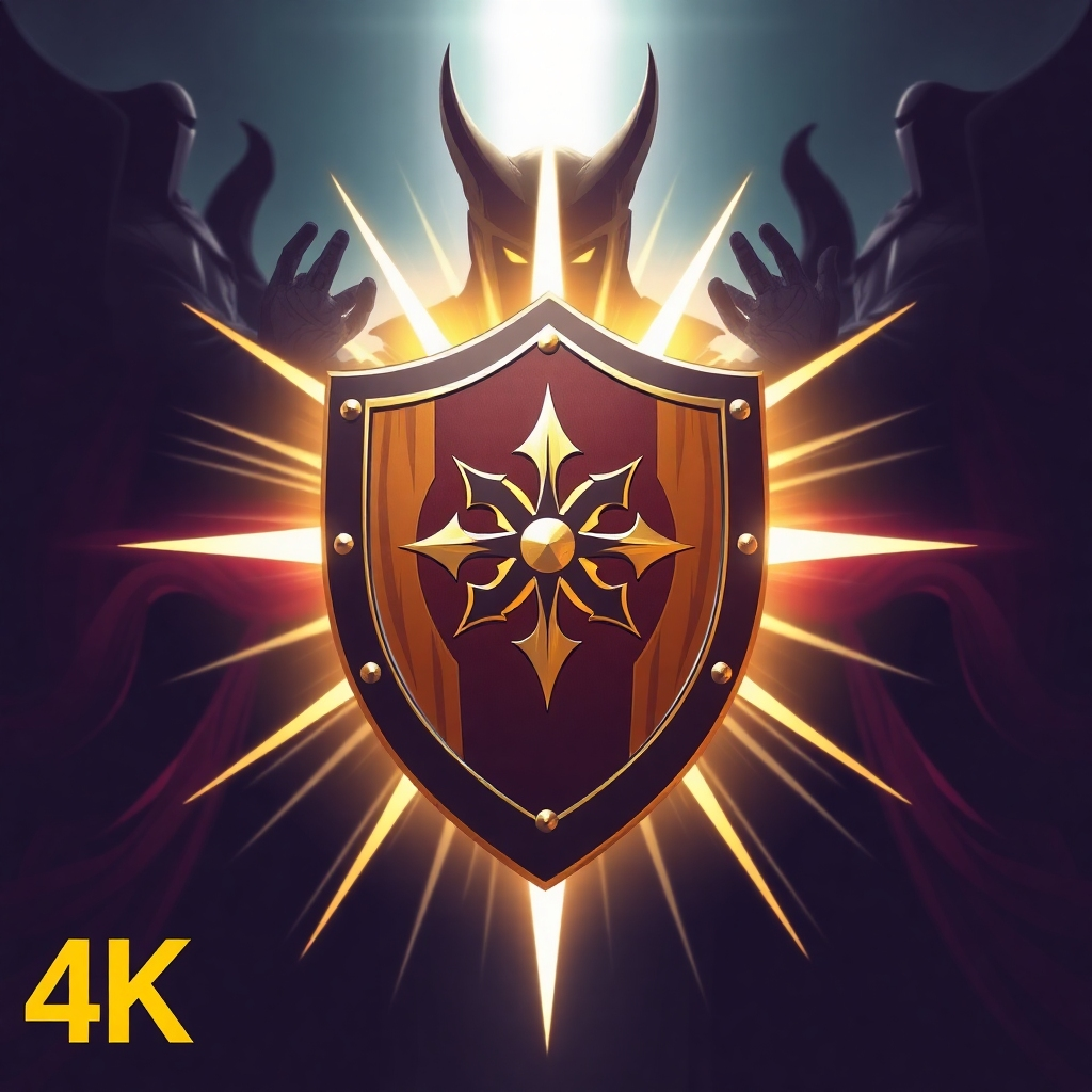 A stylized image depicting a strong shield emblazoned with a sacred symbol. The shield is surrounded by a radiant aura of light, deflecting dark and menacing figures in the background. The overall composition is powerful and protective, conveying a sense of safety and security. The style is inspired by fantasy art, with a focus on bold colors and dramatic lighting. The image should evoke a sense of strength and resilience. 4k Resolution