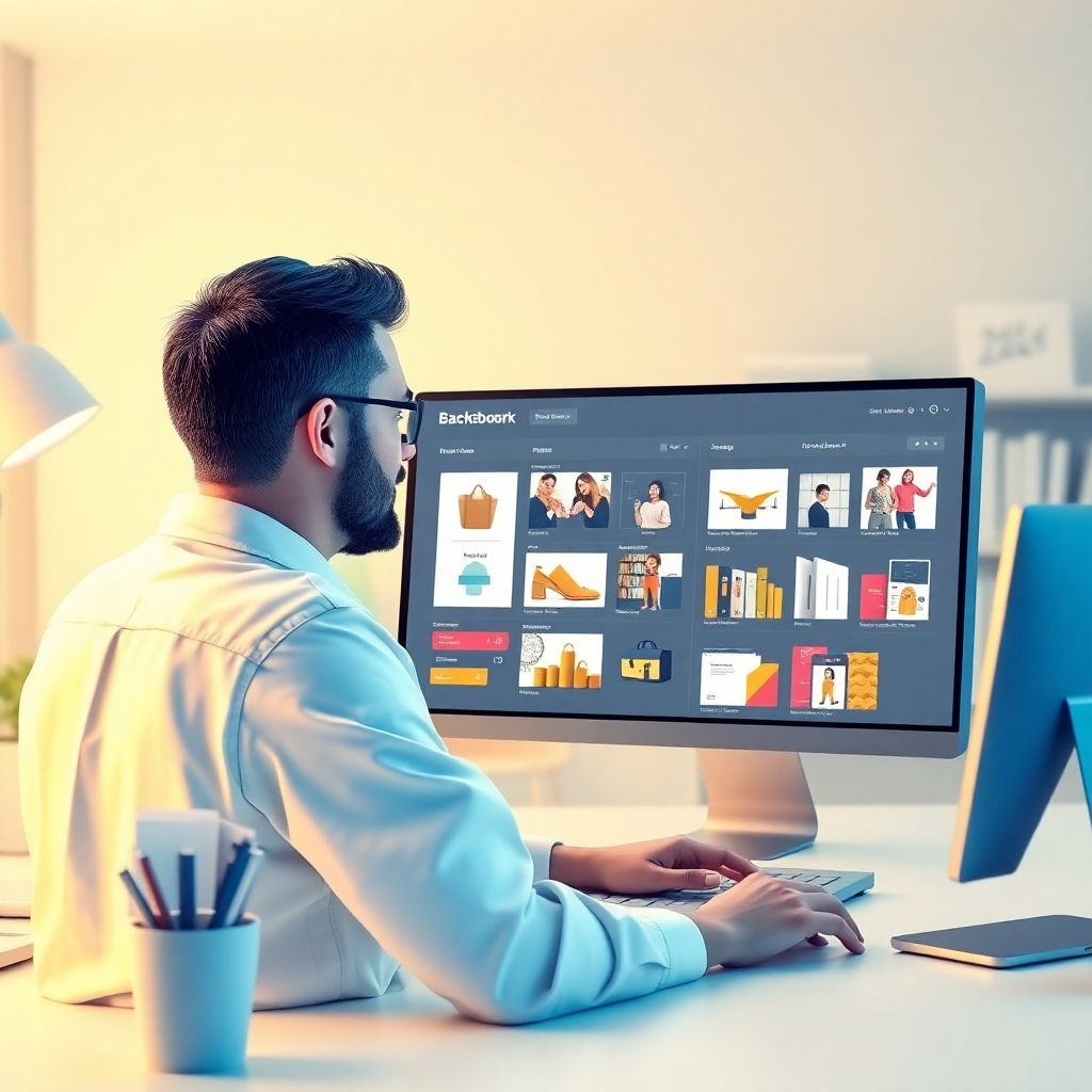 A stylized image depicting a user effortlessly managing their online bookstore through a user-friendly dashboard. The composition should focus on the simplicity and efficiency of the backend system. The lighting should be bright and efficient, reflecting effectiveness. The color palette should include bright, cheerful tones. The camera angle should show the user actively engaged with the dashboard. The environment should be a clean, uncluttered workspace. The style should be intuitive and easy to understand. Technical specs: 4K resolution