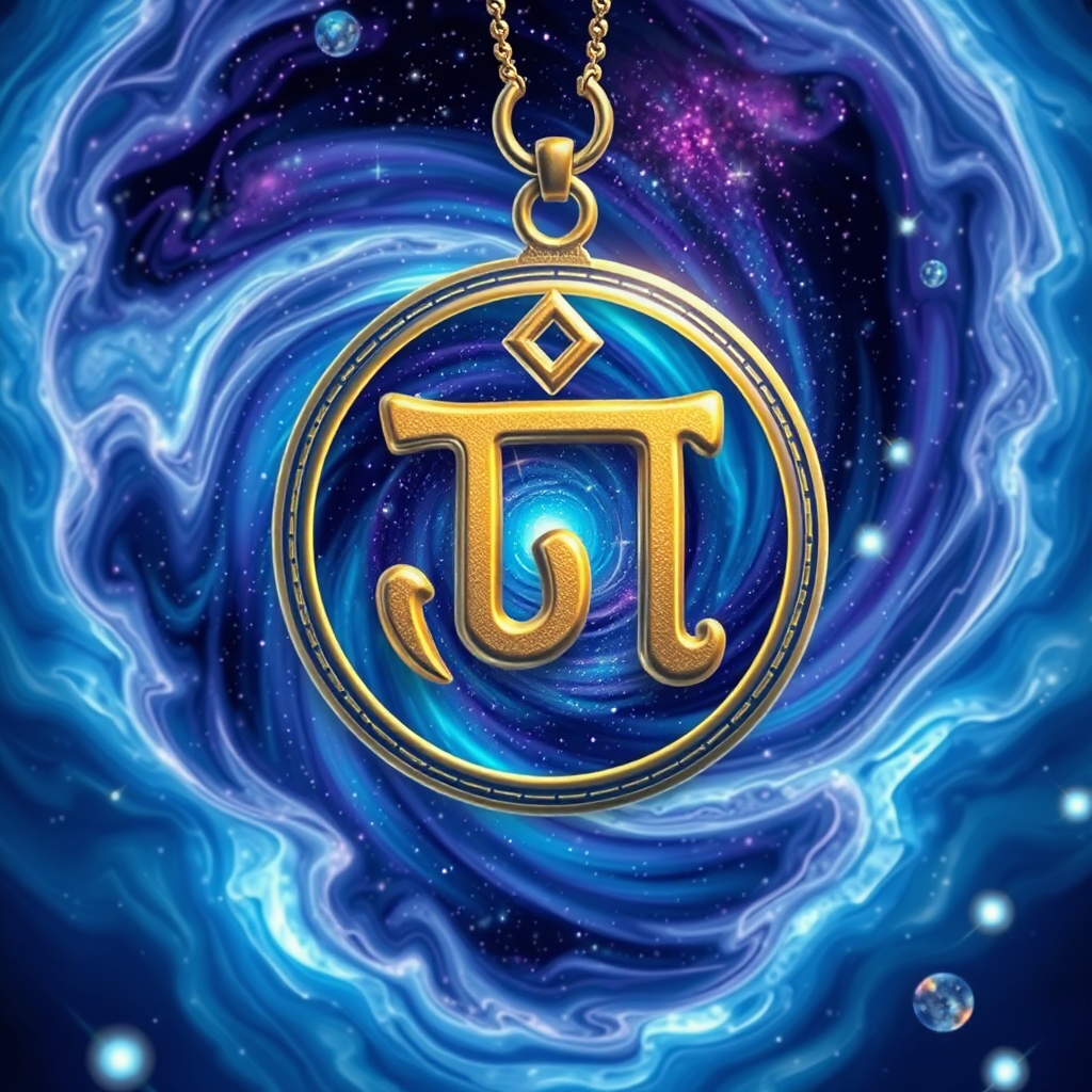 A stylized image depicting an "อักขระมันตรา" amulet acting as a portal to a swirling galaxy. The colors are vibrant and cosmic, with a focus on blues, purples, and silvers. The overall composition suggests a connection between the earthly and the celestial. Style reference: a blend of space art and traditional Thai motifs. Camera angle: wide shot, capturing the scale of the galaxy and the connection to the amulet.