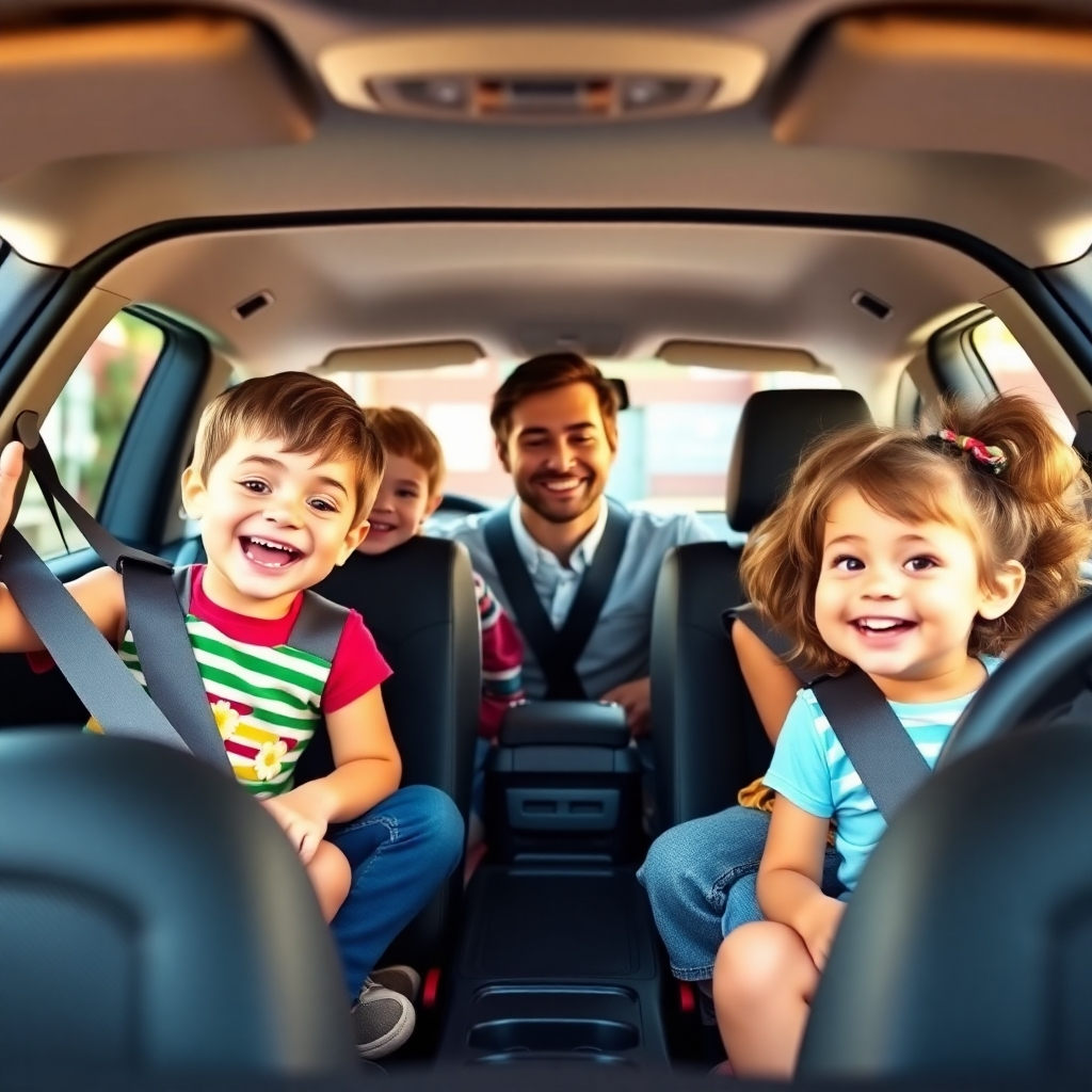 A stylized image depicting children cheerfully entering the car with a friendly driver. The car interior is clean and equipped with child safety seats. The background is a school or a playground. Bright and cheerful lighting with a playful color palette. Camera angle is a medium shot, emphasizing the children's excitement and the driver's friendliness.