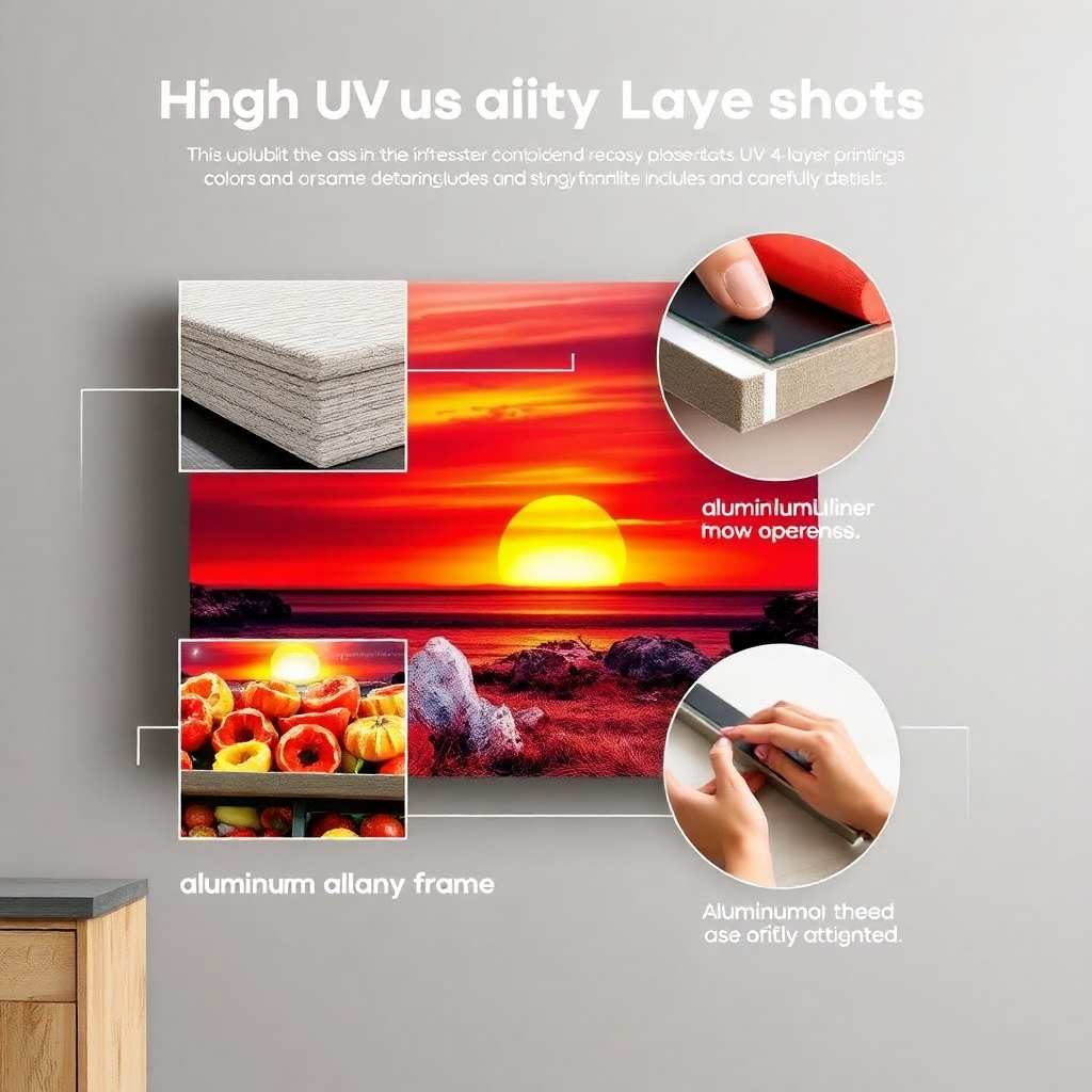 A stylized image depicting the process of creating high-quality canvas art.  The image should feature close-up shots of the UV 4-layer printing process, showing vibrant colors and sharp details.  Include shots of the aluminum alloy frame being carefully attached.  The overall color palette should be warm and inviting, showcasing the beauty of the finished product. Use a 4K resolution and a style reminiscent of modern product photography, highlighting the textures and quality of the materials used.