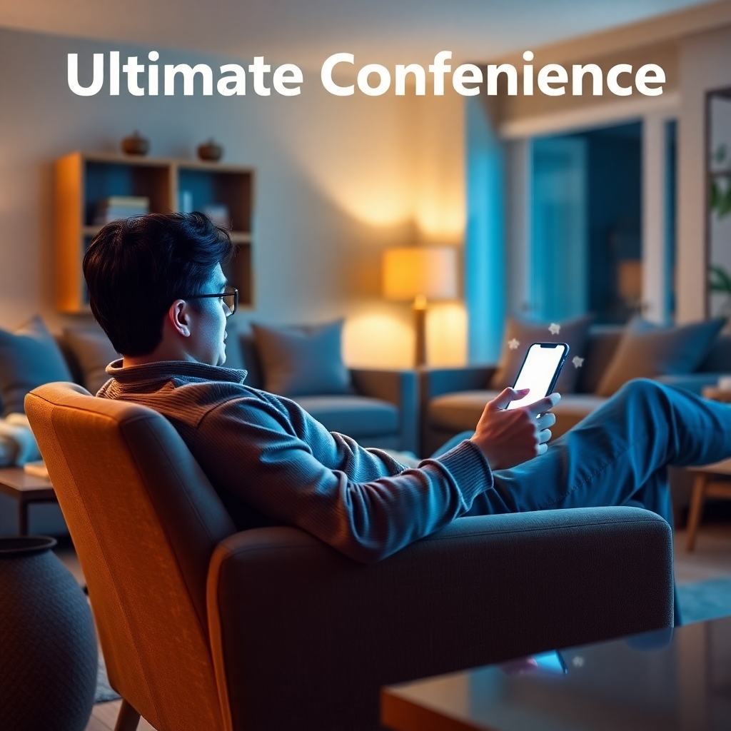 A stylized image depicting ultimate convenience. A person relaxes in a comfortable chair at home, using a smartphone to book a service. A subtle animation or glowing effect highlights the ease of booking. The background is a cozy and inviting living room. The lighting is warm and soft, with a color palette of calming blues and greens. Camera angle is medium shot, focusing on the person and the smartphone.
