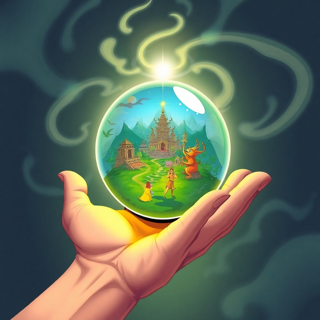 A stylized image featuring a hand holding a glowing orb that contains a miniature world. The world is filled with mystical creatures, temples, and landscapes, representing the spiritual realm. The hand is surrounded by swirling energy, symbolizing the connection between the physical and spiritual worlds. The style is inspired by fantasy art, with a focus on vibrant colors and imaginative details. The image should evoke a sense of wonder and invite viewers to explore their spirituality. 4k Resolution