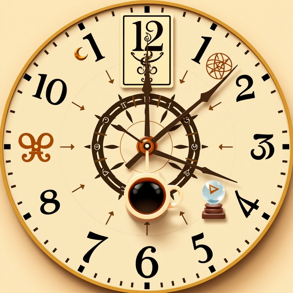A stylized image of a clock with tarot card symbols instead of numbers. The hands of the clock are pointing towards a coffee cup and a crystal ball. The color palette is warm and inviting, using browns, creams, and golds. Style: Modern, minimalist, and symbolic. Technical specs: 4K resolution, high-quality rendering, clean lines.