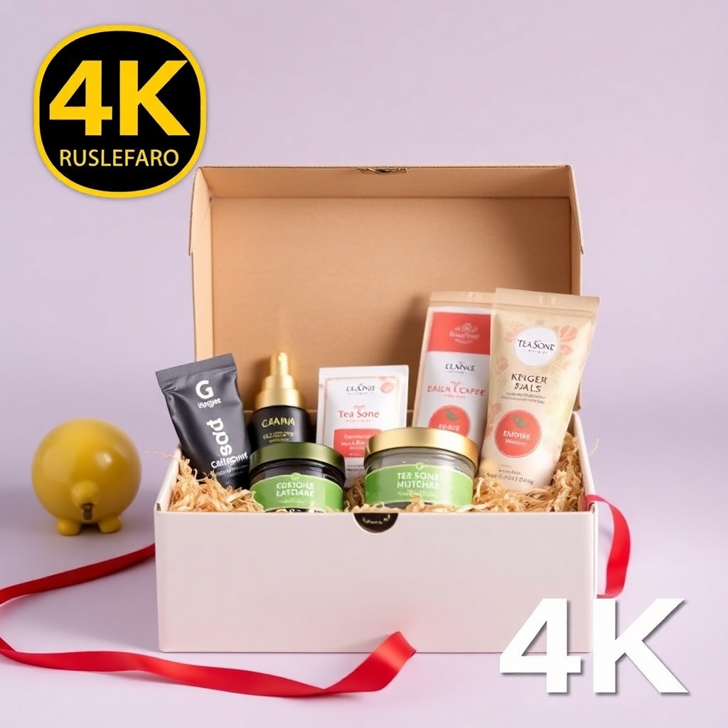 A stylized image of a gift box containing Tea Sone products, presented in a visually appealing way. High-quality 4K resolution.