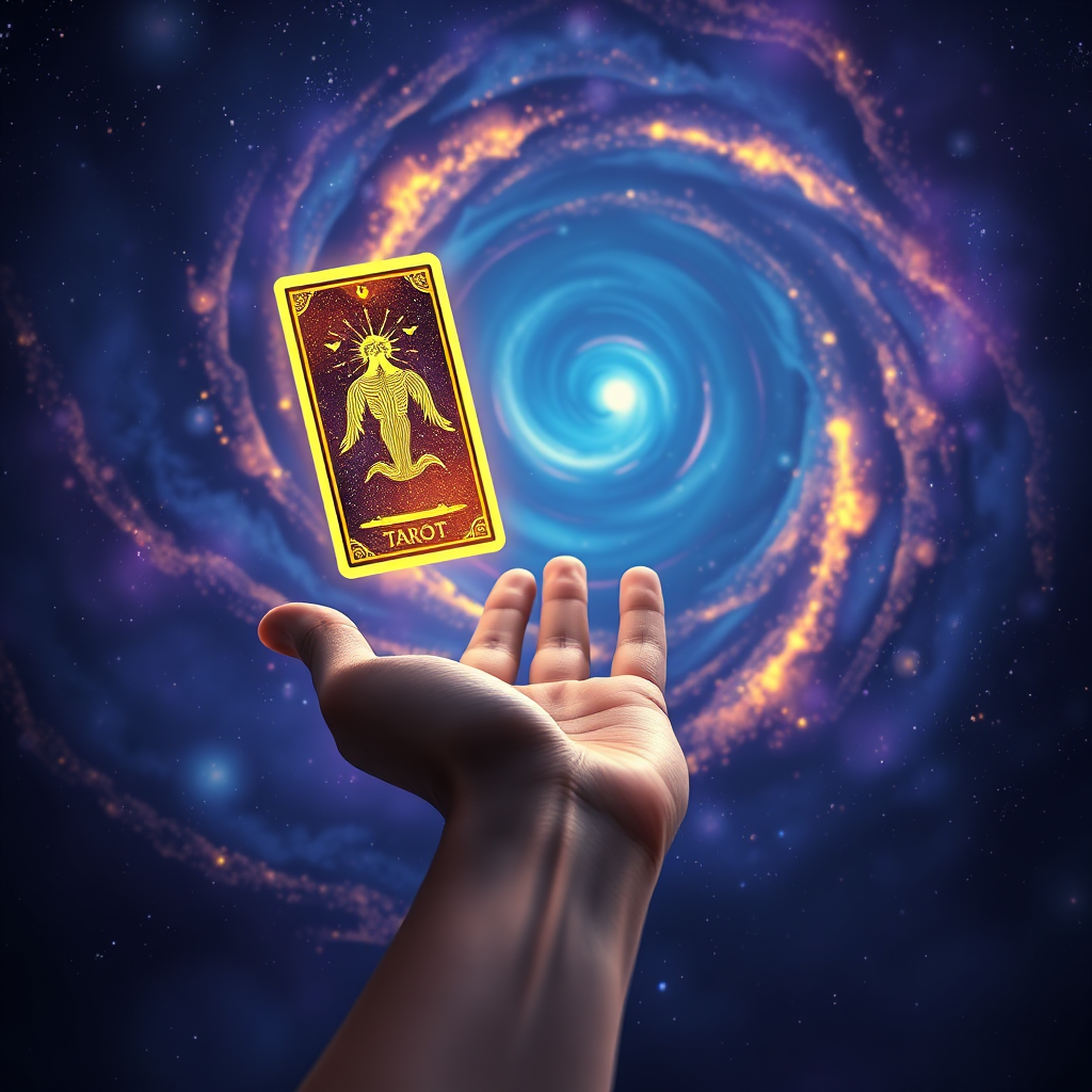 A stylized image of a hand reaching out to receive a glowing tarot card from a swirling galaxy. The color palette is deep blue, purple, and gold, creating a sense of wonder and inspiration. The composition is symbolic and ethereal. Style: Mystical, celestial, and inspiring. Technical specs: 4K resolution, high-quality rendering, vibrant colors.