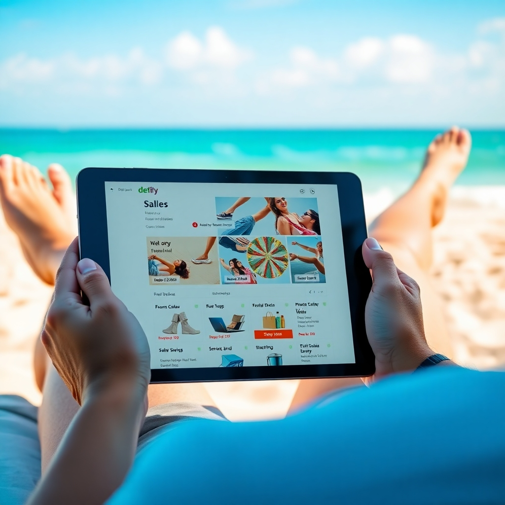 A stylized image of a person relaxing on a beach, holding a tablet with the website open, with many sales displayed. The composition should emphasize the freedom and convenience of the business. The lighting should be bright and cheerful, with a relaxing atmosphere. The color palette should be vibrant and serene. The camera angle should be a slightly elevated perspective, highlighting the relaxation and freedom of the business. The environment should be a relaxing and peaceful setting.  Technical specs: 4K resolution