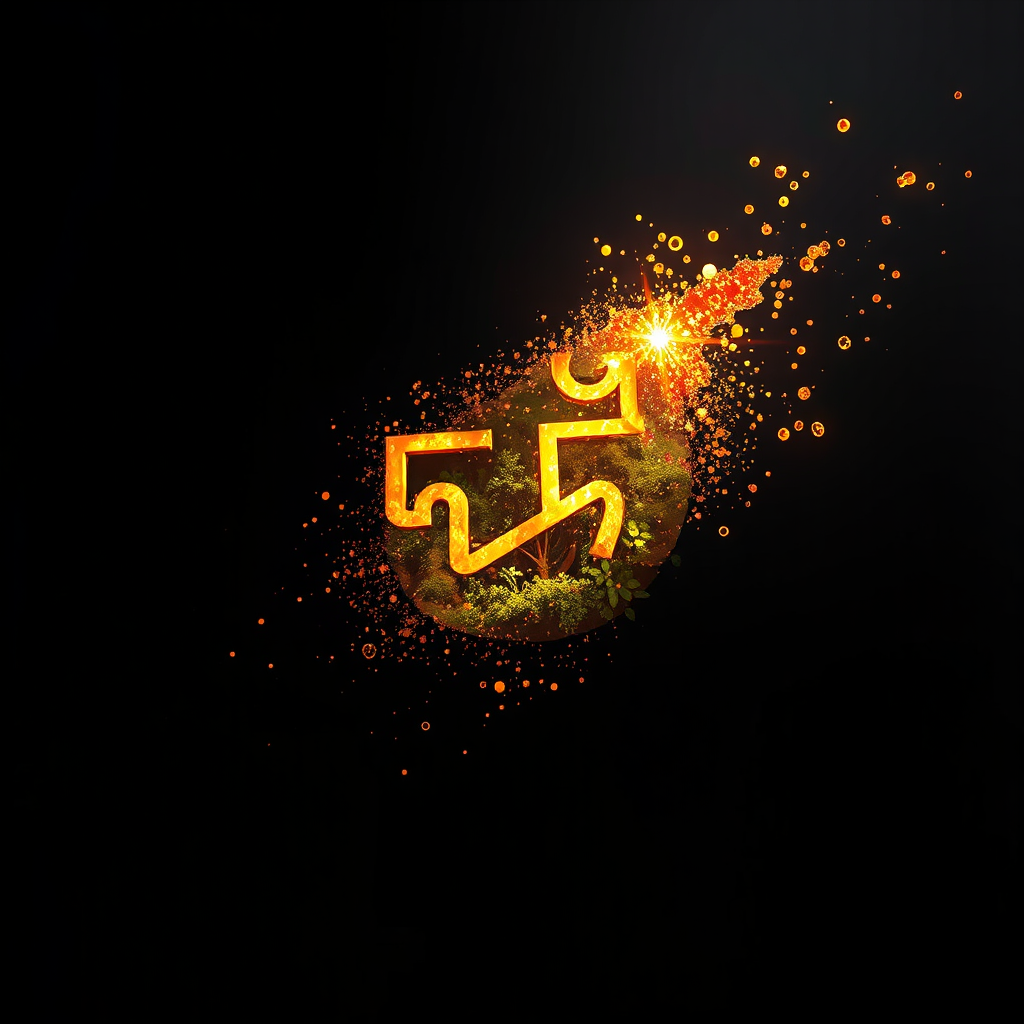 A stylized image of a single Thai script character dissolving into particles of light, revealing a hidden landscape within. The landscape should be lush and vibrant, representing the hidden meanings and potential within the "อักขระมันตรา". The color palette is rich and earthy. Style reference: a blend of surrealism and traditional Thai art. Camera angle: close-up, focusing on the character and the landscape within.