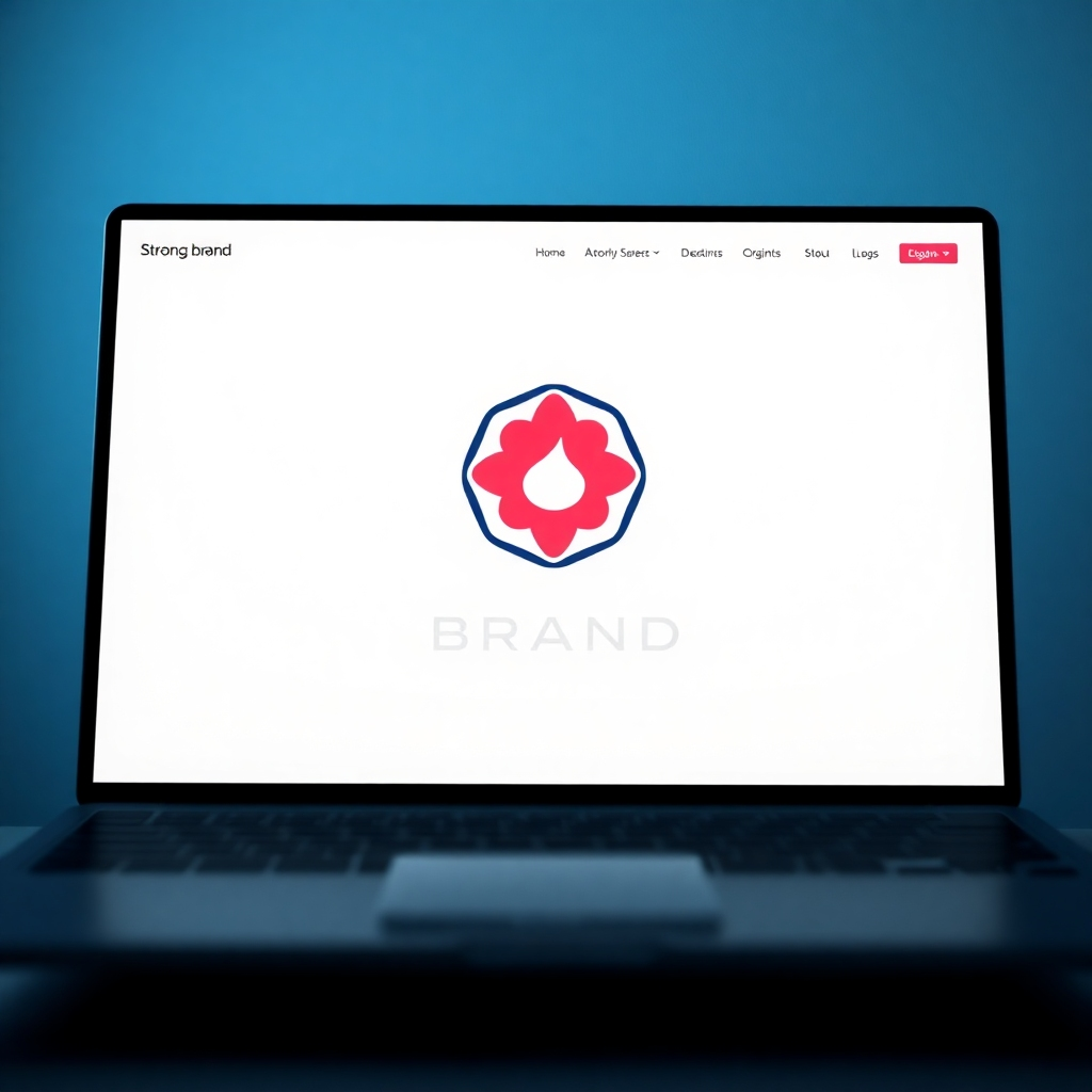 A stylized image of a strong brand logo prominently featured on a clean and elegant website landing page. The color palette and visual style should reflect the brand's identity and values. The lighting should be sophisticated. The camera angle should focus on the logo and its integration within the website design.