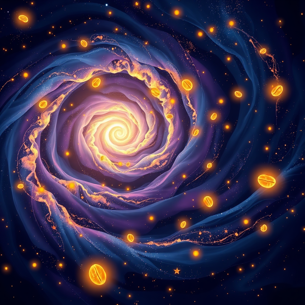 A stylized image of a swirling galaxy with glowing constellations that resemble coffee beans and tarot card symbols. The color palette is deep blue, purple, and gold, creating a sense of wonder and mystery. The composition is abstract and dreamlike. Style: Mystical, celestial, and evocative. Technical specs: 4K resolution, high-quality rendering, vibrant colors.
