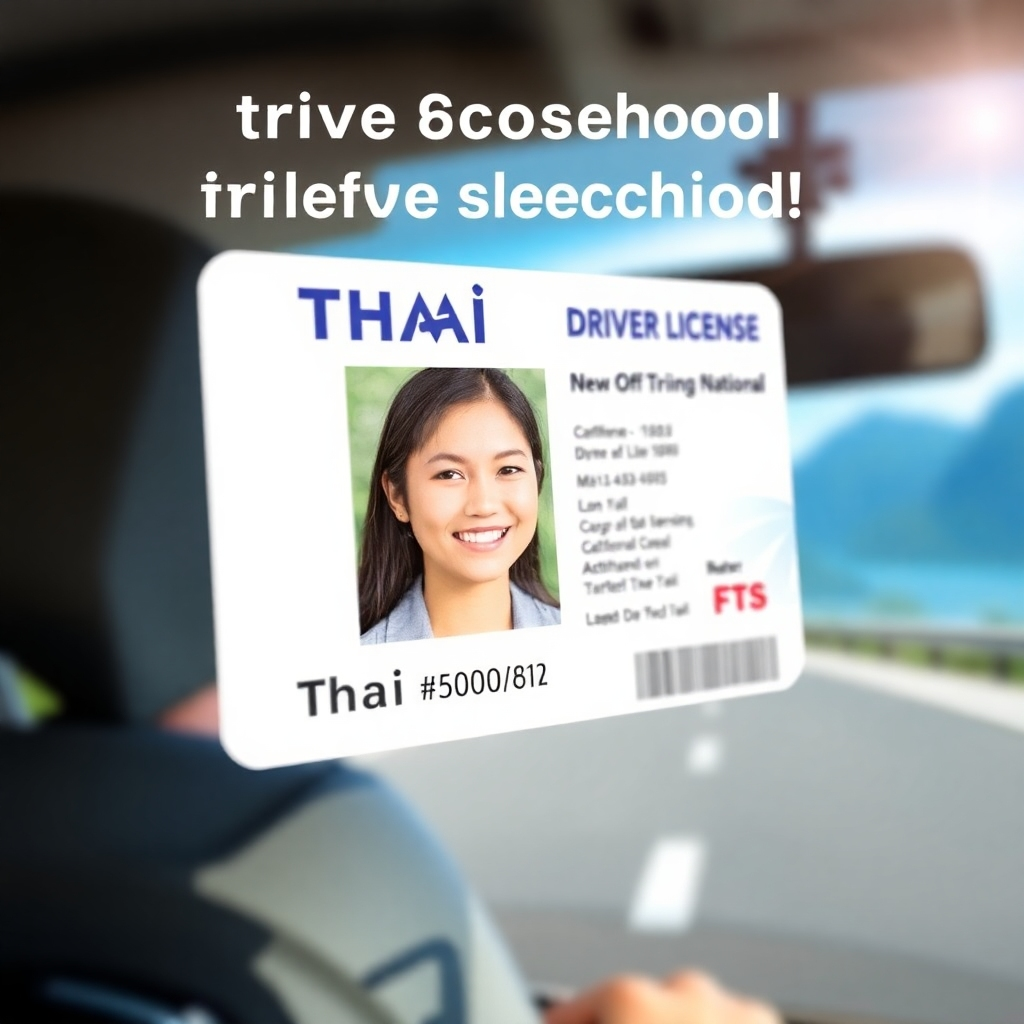 A stylized image of a Thai driver's license with a clear photo of a smiling foreign national. The background is a blurred image of a Thai road with scenic views. The lighting is bright and inviting, conveying ease and accessibility. Style reference: Driving school advertisement meets travel brochure.