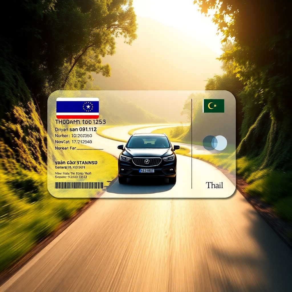 A stylized image of a Thai driver's license superimposed on a winding road through a lush, green Thai landscape. A modern car is depicted driving on the road. The lighting is bright and sunny, evoking a sense of freedom and mobility. Style reference: Car advertisement meets travel brochure.