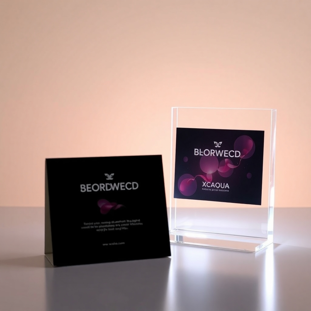 A stylized image of an acrylic standee placed next to a product, enhancing its visual appeal and brand image. The lighting is soft and inviting, highlighting the product and the standee equally. The background is clean and minimalist, focusing on the product presentation. The style is professional and marketable, emphasizing the value added by the acrylic standee.
