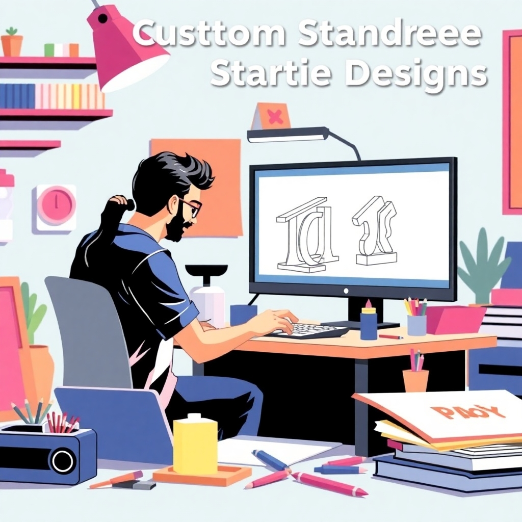 A stylized image of designers working on a computer with an acrylic standee design on the screen. The scene is bright and colorful, with creative tools and materials scattered around. The focus is on the designer's interaction with the digital design. The style is modern and artistic, highlighting the creative process behind custom standee designs.