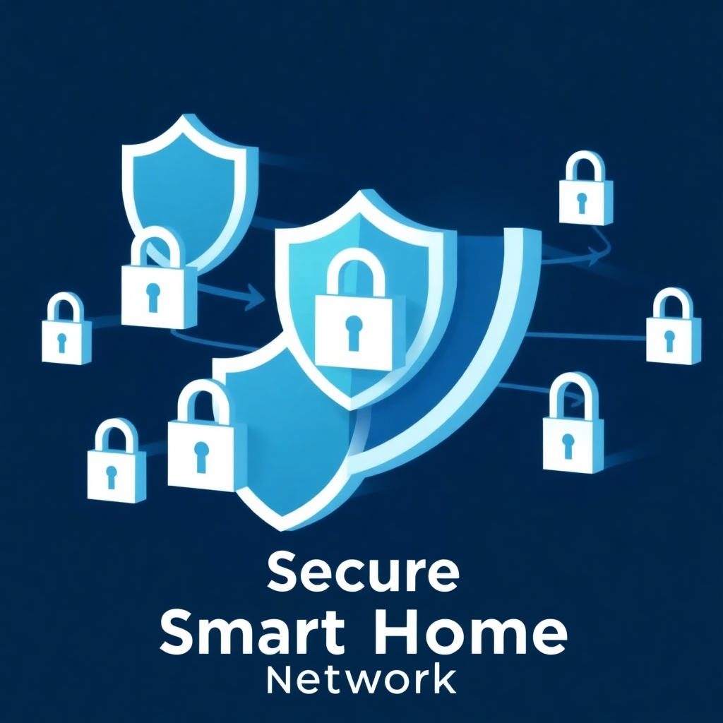 A stylized image representing a secure smart home network, with interlocking shields and digital locks. The image should convey a sense of safety and protection. Use a color palette of deep blues and greens to represent security and reliability.