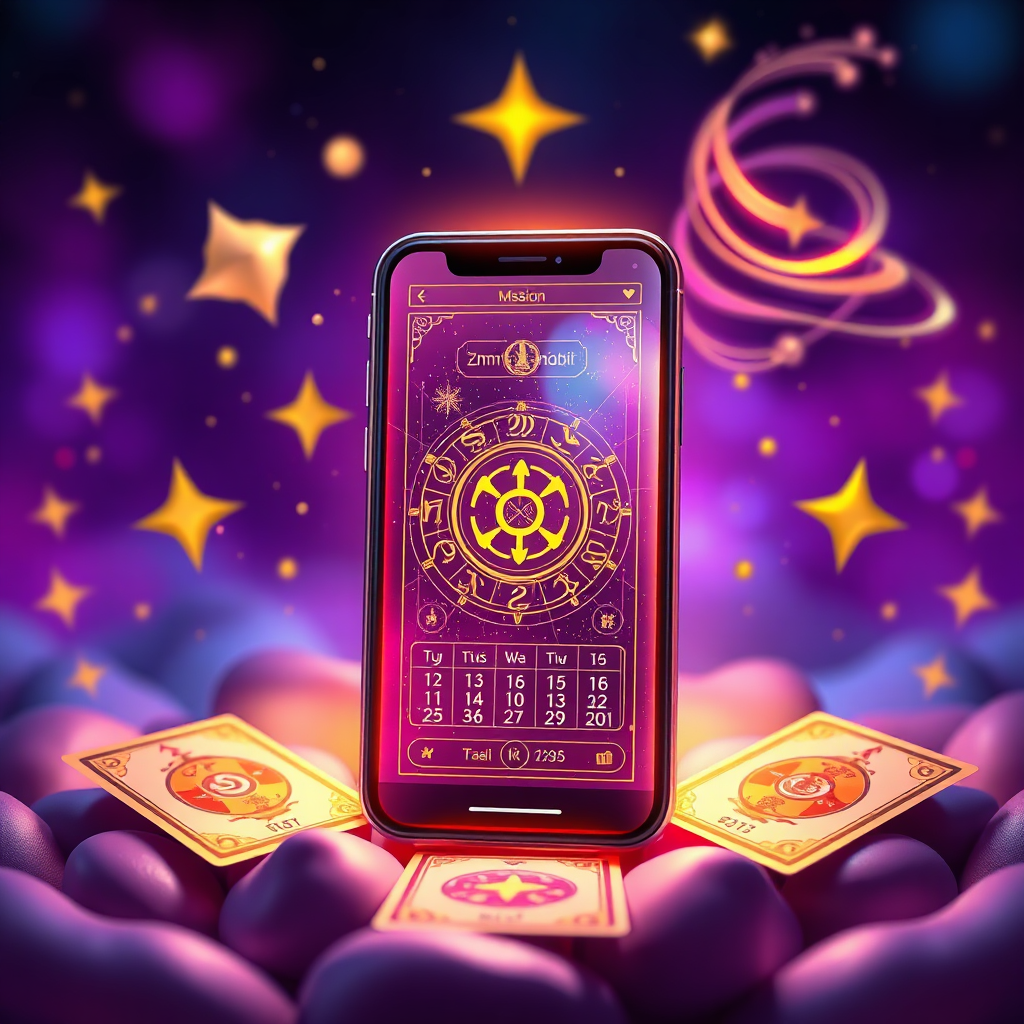 A stylized image representing ZmartDigit's mission. The central element is a glowing mobile phone displaying a fortune-telling interface with Thai astrological symbols. Surrounding the phone are various visual elements: stylized tarot cards, a calendar highlighting birthdates, and swirling nebulae representing fate and destiny. The color palette is a harmonious blend of vibrant purples, blues, and golds, creating a sense of mystique and digital innovation. The lighting is soft and inviting, emphasizing the accessibility and user-friendliness of the plugin. The camera angle is a close-up, focusing on the details of the phone and the surrounding elements. Texture details include smooth glass, intricate card designs, and shimmering nebulae. The overall style is a blend of modern digital art and traditional Thai iconography. Technical specs: 4K resolution, high quality rendering.