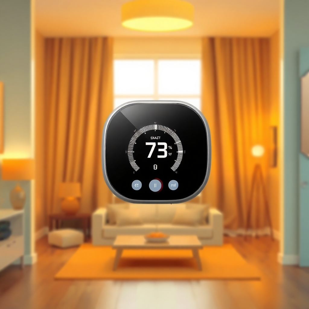 A stylized image showcasing a smart thermostat controlling the temperature in a room. The thermostat should be sleek and modern, with a digital display showing energy consumption data. The room should be well-lit, with a focus on energy-efficient lighting fixtures. Use a color palette of warm yellows and oranges to represent energy efficiency.