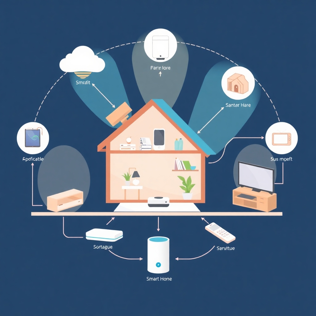 A stylized image showcasing a complete smart home ecosystem, with various smart devices seamlessly integrated and communicating with each other. The image should convey a sense of interconnectedness and efficiency. Use a clean and modern design style.