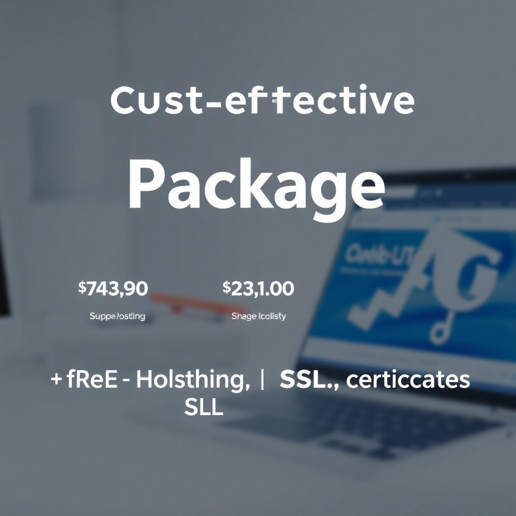 A stylized image showcasing a cost-effective package deal with clear pricing details and highlighting the inclusion of free hosting, domain, and SSL certificate. The background could feature a clean and modern design. The lighting should be sharp and clear. The camera angle should emphasize the value proposition of the offer.