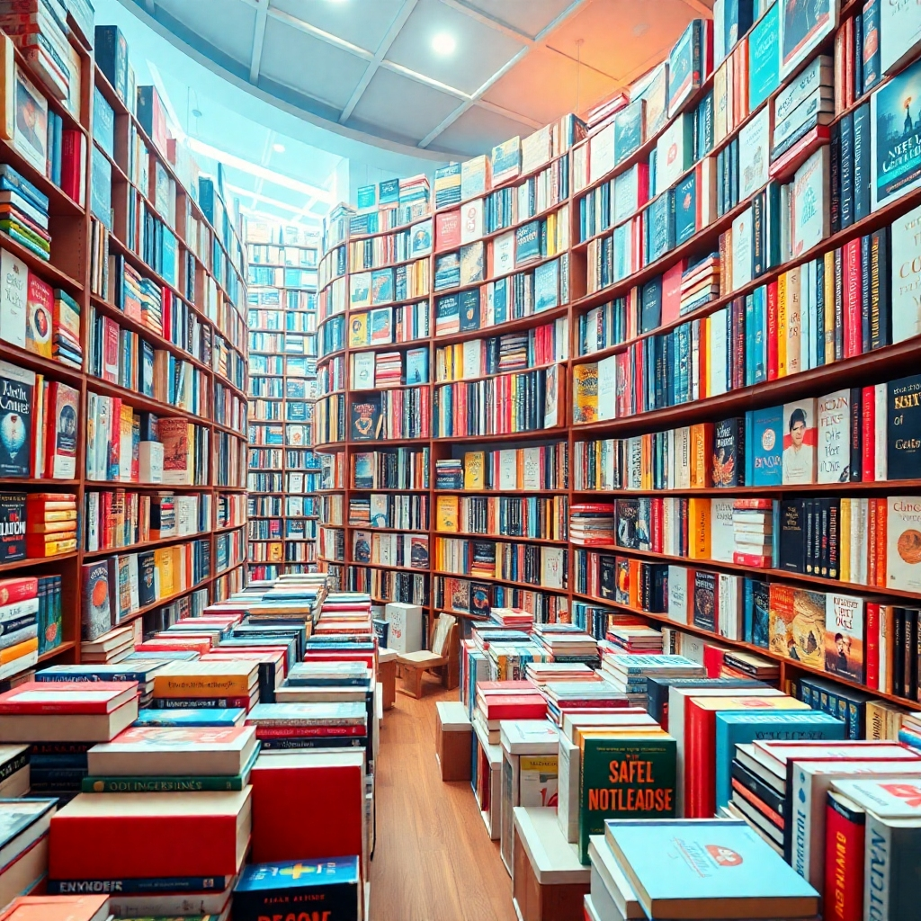 A stylized image showcasing a vast library of diverse book covers in a visually appealing arrangement.  The image should focus on the sheer volume and variety of books available. The lighting should be warm and inviting, similar to the lighting in a physical library. The color palette should be bright and colorful, showcasing the wide range of genres. The camera angle should be from a slightly elevated perspective, providing a sense of scale and abundance. The environment is an abstract, visually rich space symbolizing boundless knowledge. The style should convey the sense of wonder and possibility.  The technical specs are 4K resolution