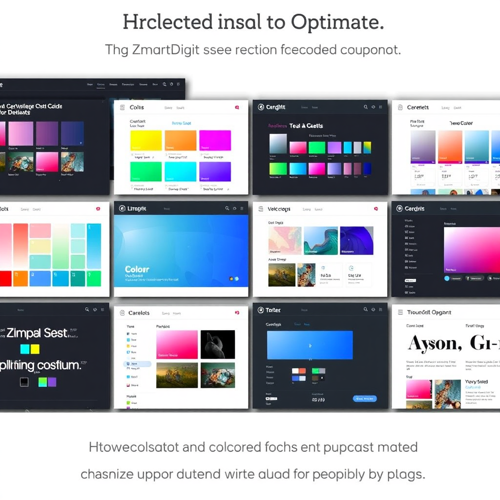 A stylized image showcasing various customization options for the ZmartDigit plugin, including different themes, color palettes, and font choices. The image conveys the flexibility and adaptability of the plugin. The color palette is diverse and vibrant, reflecting the range of customization options. The lighting is soft and inviting, emphasizing the creative possibilities. The camera angle is a medium shot, capturing the variety of customization options. Style is modern graphic design.