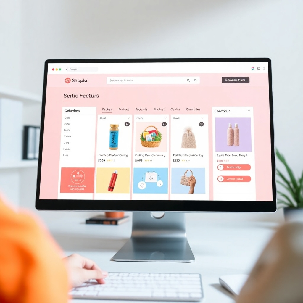 A stylized image showing a user-friendly website interface with intuitive navigation, clear product displays and a straightforward checkout process. The color scheme should be clean and uncluttered. The lighting should be bright and clear. The camera angle should focus on the ease of navigation through the website's pages.
