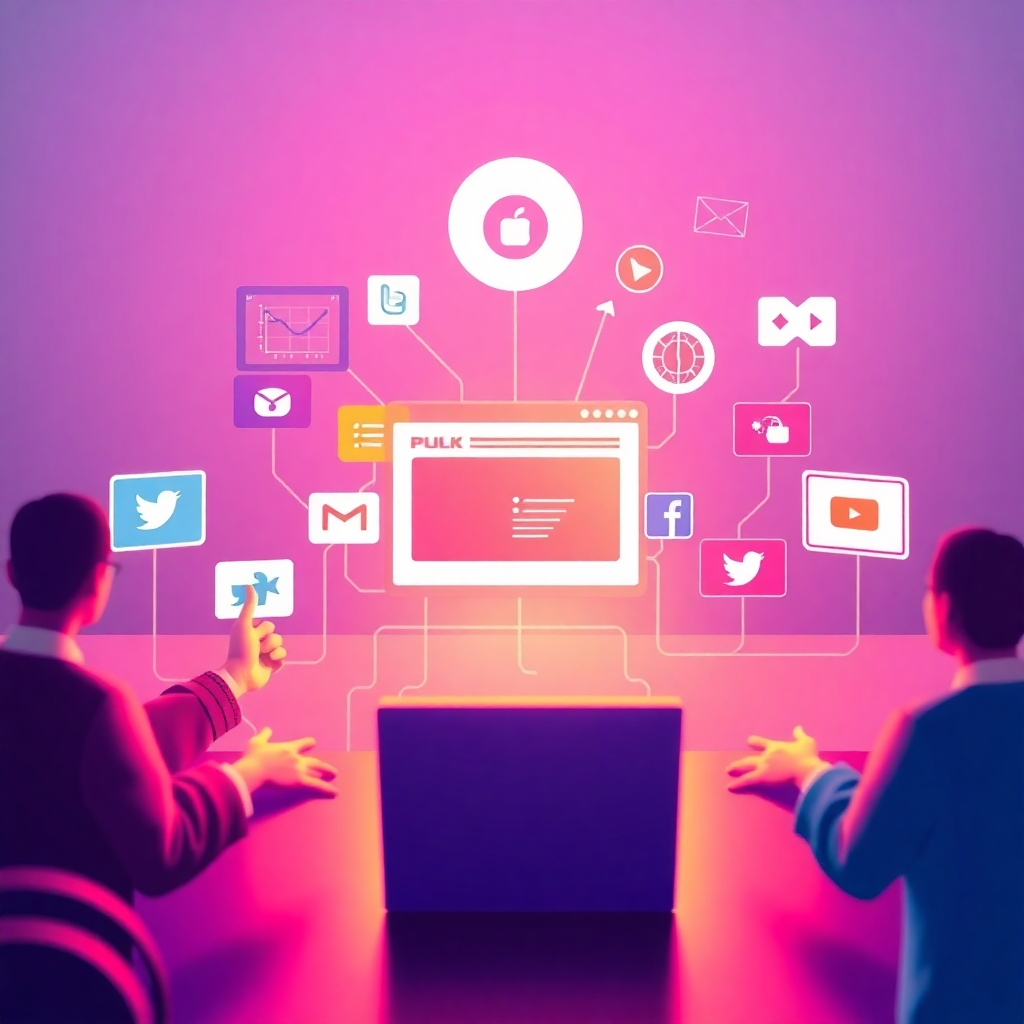 A stylized image showing various digital marketing channels converging towards a website, symbolizing the integrated approach to online promotion. The visual style should be modern and dynamic. The lighting should be vibrant. The camera angle should provide a comprehensive view of the converging channels.