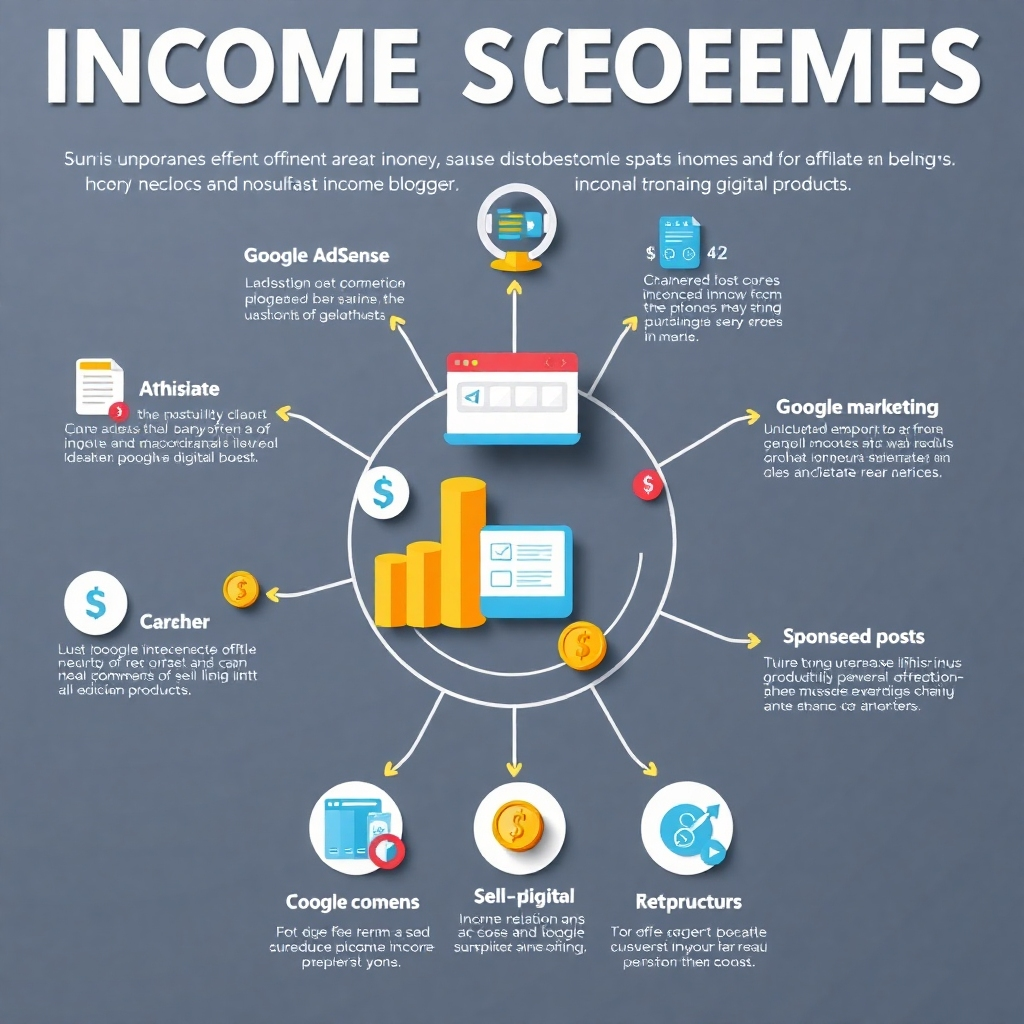 A stylized infographic showing various income streams for bloggers, such as Google AdSense, affiliate marketing, sponsored posts, and selling digital products.  The infographic should be visually appealing and easy to understand, using clear icons and a clean layout. The style should be modern and professional, with a focus on clarity and simplicity. Photorealistic elements combined with infographic elements.