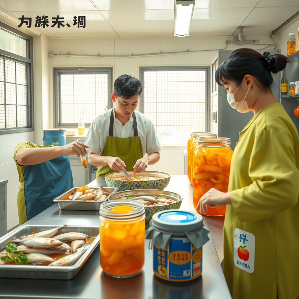 A stylized photograph illustrating the journey of 'ปลาส้ม' and 'ปลาร้า' production. The image should depict a family working together in a clean and modern OTOP facility. One section showcases the preparation of the fish, another the fermentation process in traditional jars, and a final section shows the packaging of the finished product. The overall style should be bright, clean, and inviting, emphasizing the values of family, tradition, and quality. Use a color palette of vibrant greens, yellows, and oranges to represent freshness and energy. Consider incorporating infographic elements to visualize the production steps. The camera angle should be wide to capture the entire process. Reference the visual style of successful OTOP product branding, focusing on transparency and trustworthiness. 4K resolution.