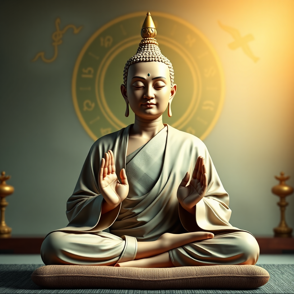 A stylized, photorealistic image for the 'About Us' section. Depict a serene, enlightened Thai guru figure seated in meditation. In the background, subtle representations of zodiac symbols, lucky colors (gold, jade green, saffron), and auspicious directions are visually integrated. The guru's hands are positioned in a blessing mudra. Soft, diffused lighting creates a calming atmosphere. The color palette emphasizes earth tones, greens, and golds. The camera angle is a medium shot focusing on the guru's face and hands. Texture details include the intricate patterns of the guru's robes and the smooth texture of the meditation cushion. Style reference: Thai temple art meets contemporary design. 4K resolution, high quality rendering.