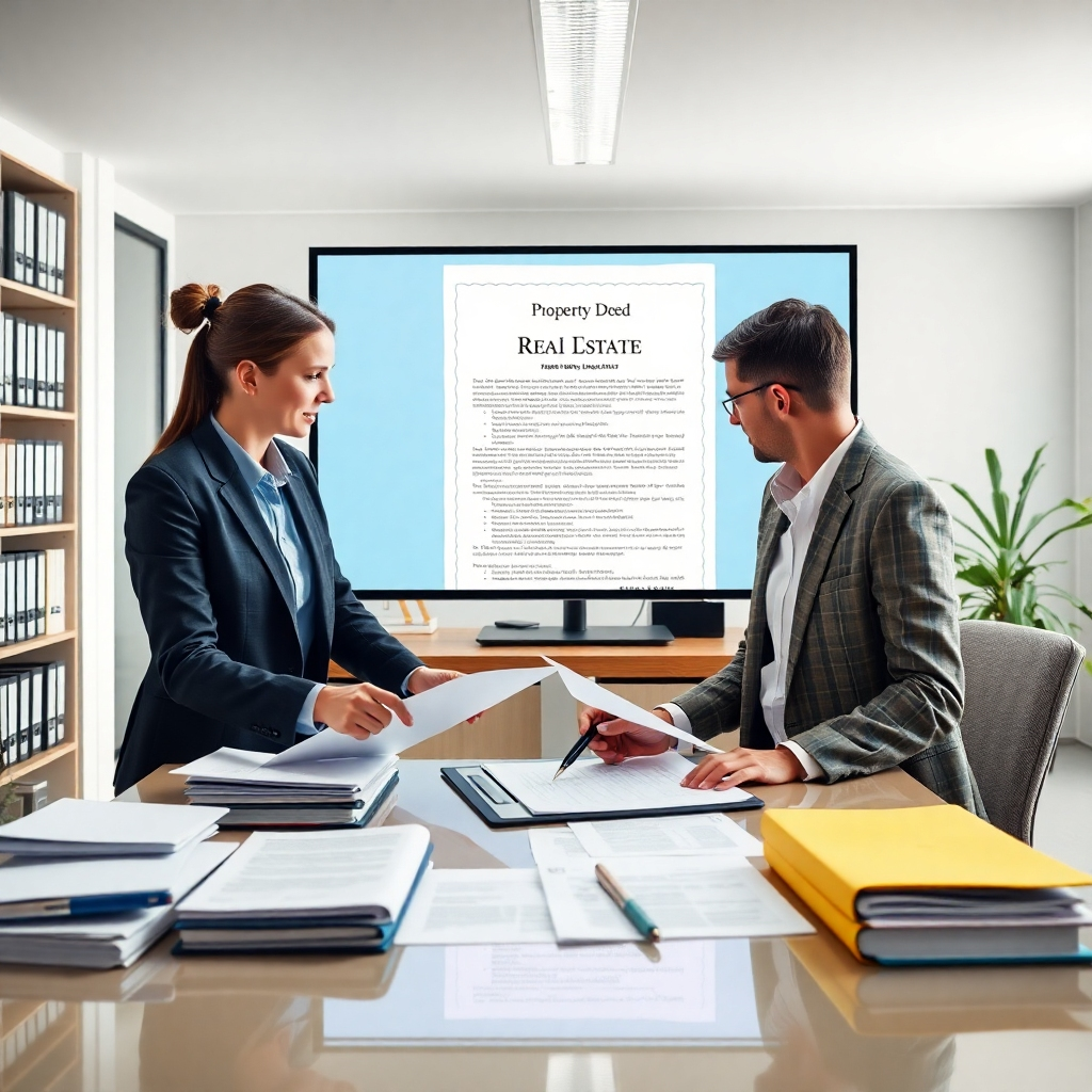 A team of expert legal professionals working efficiently in a modern, bright office. They are surrounded by organized files, legal documents, and a large digital screen showcasing a property deed, emphasizing accuracy and precision in real estate transactions.
