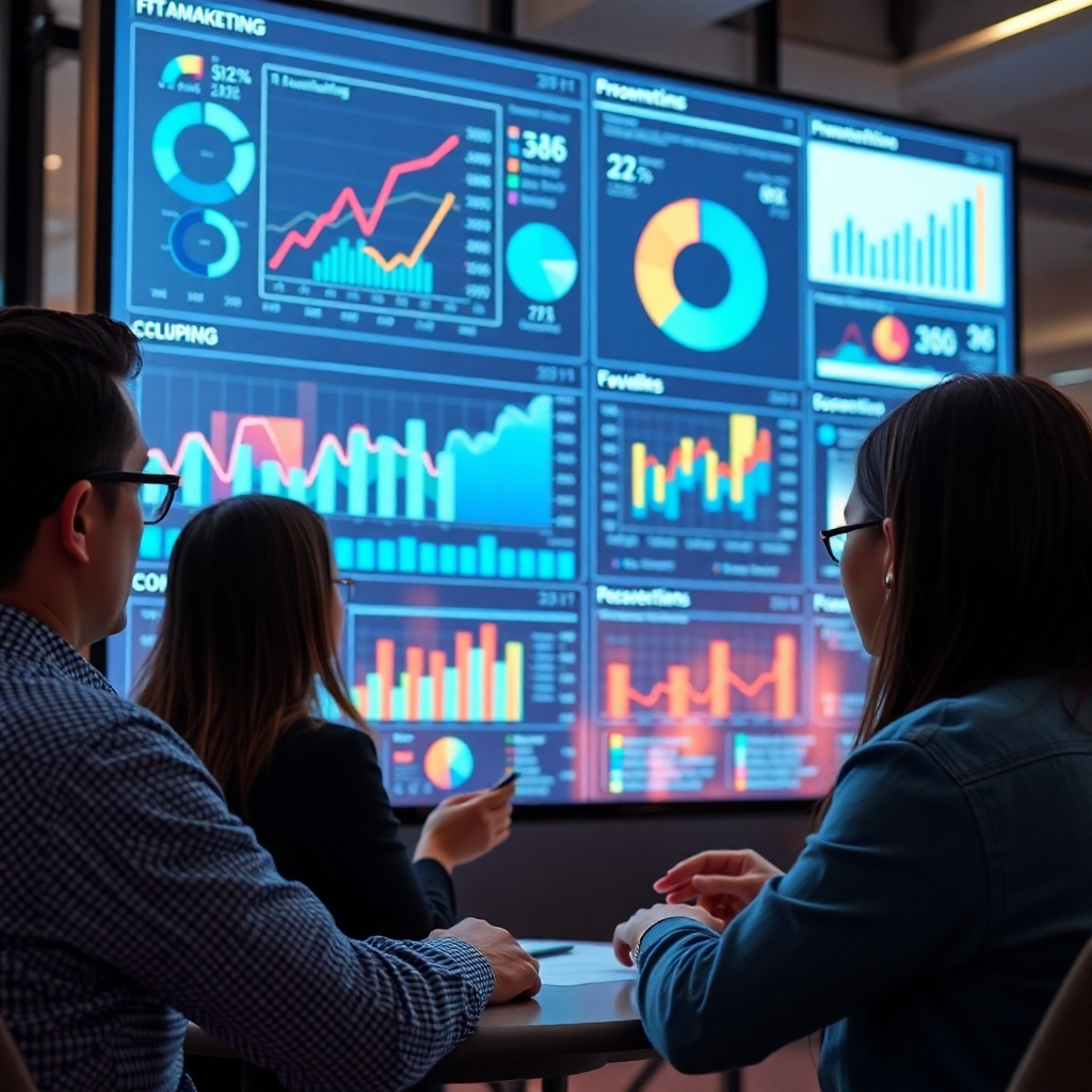 A team of marketing professionals are deeply analyzing data on a large screen, surrounded by charts and graphs representing demographics, interests, and consumer behavior. The scene should be bright and modern, emphasizing collaboration and data-driven insights. Photorealistic style.