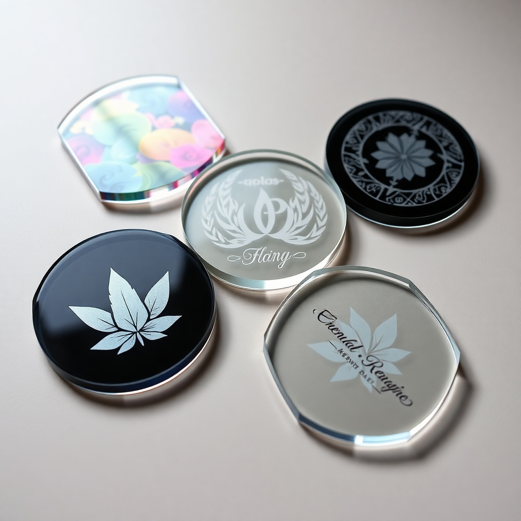 A variety of acrylic coasters showcasing different printing techniques. One coaster features vibrant screen printing, another displays intricate laser etching, and a third shows sharp, detailed UV printing. Each coaster has a unique design and should be displayed on a neutral background, highlighting the quality of each printing method. Use high-resolution and focus on the fine details of the prints.