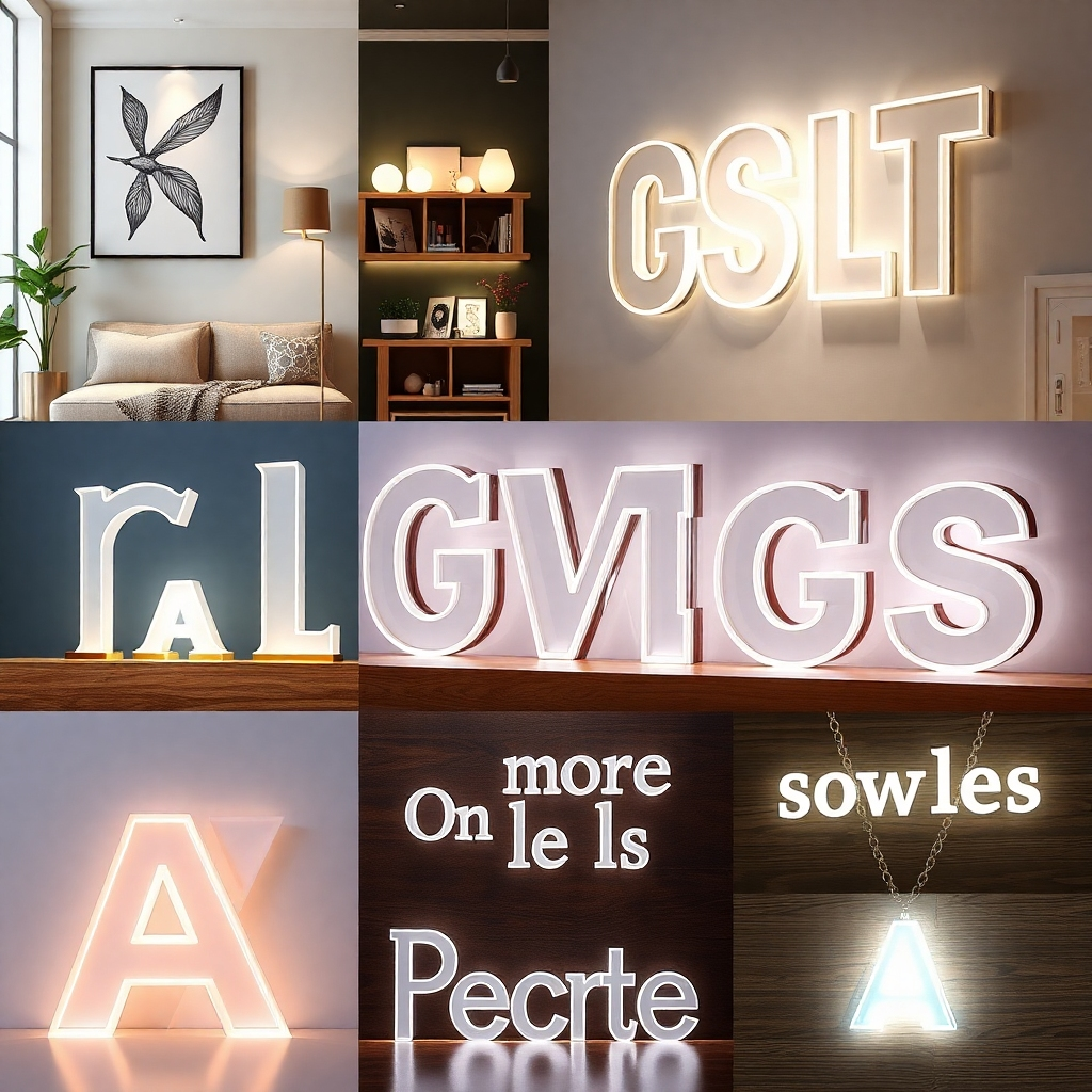 A variety of settings showcasing the use of laser-cut acrylic letters and shapes. Include examples in home decor (e.g., wall art), retail settings (e.g., signage), office spaces (e.g., nameplates), and craft projects (e.g., custom jewelry). Each setting should be well-lit and visually appealing, showcasing the versatility of the product. The image should illustrate a seamless integration of the acrylic pieces into different environments.
