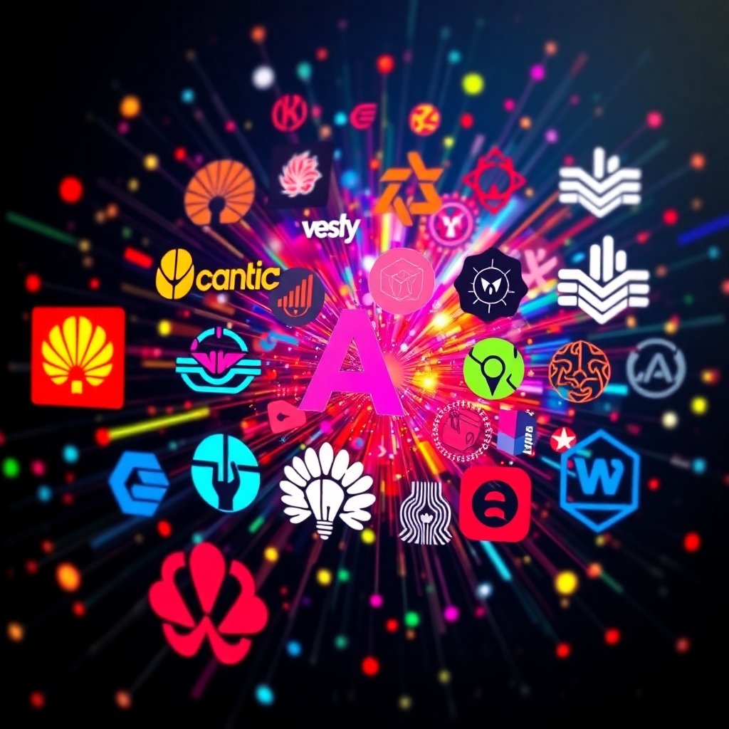 A vibrant, colorful explosion of different logo and graphic design styles emanating from an AI interface. The styles should range from minimalist to intricate, showcasing the breadth of possibilities. The overall aesthetic should be energetic and inspiring.