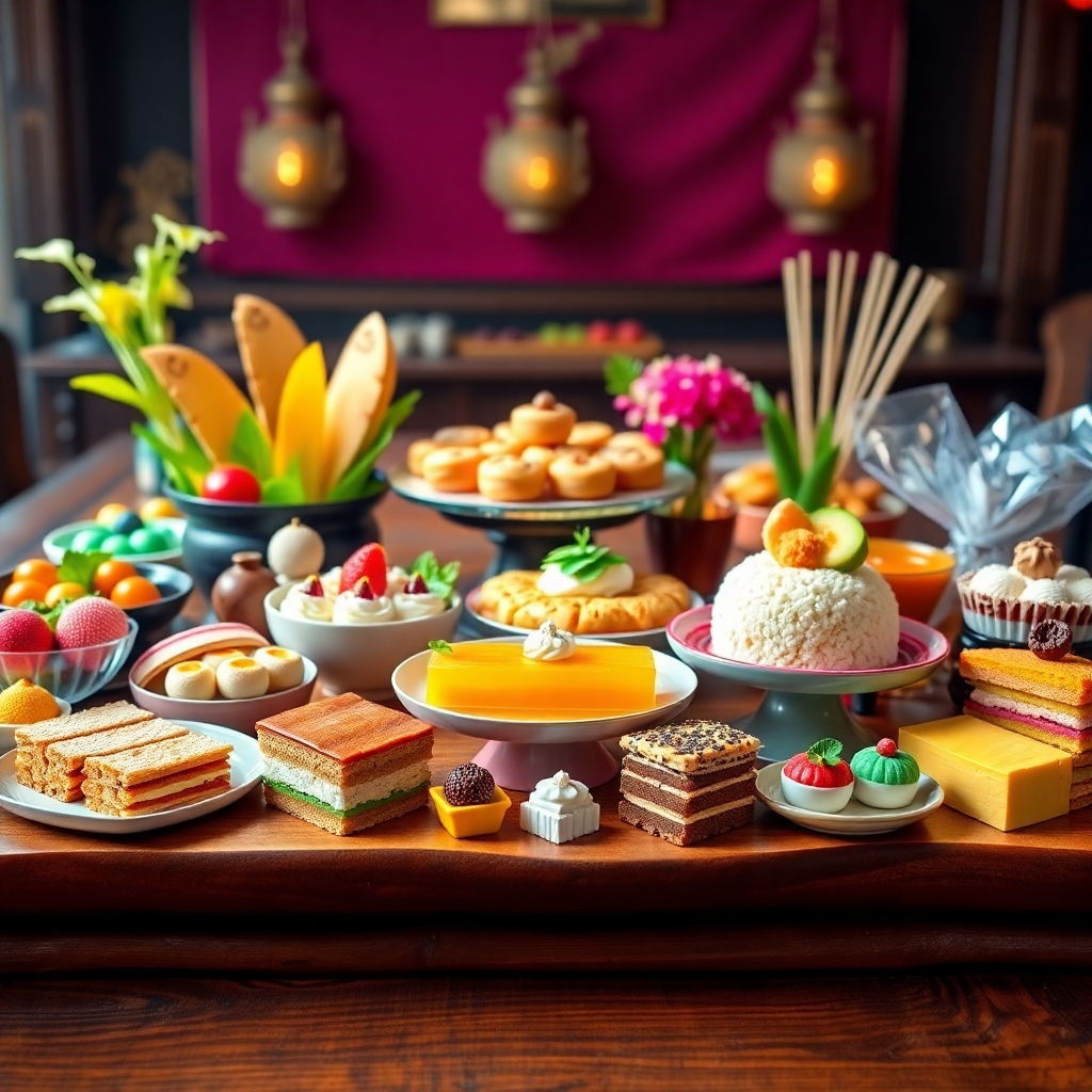 A vibrant and colorful spread of assorted Thai desserts, meticulously arranged on a traditional Thai-style wooden table. Include classic desserts like mango sticky rice, various types of layered cakes, and colorful sweets. High-resolution, photorealistic, studio lighting