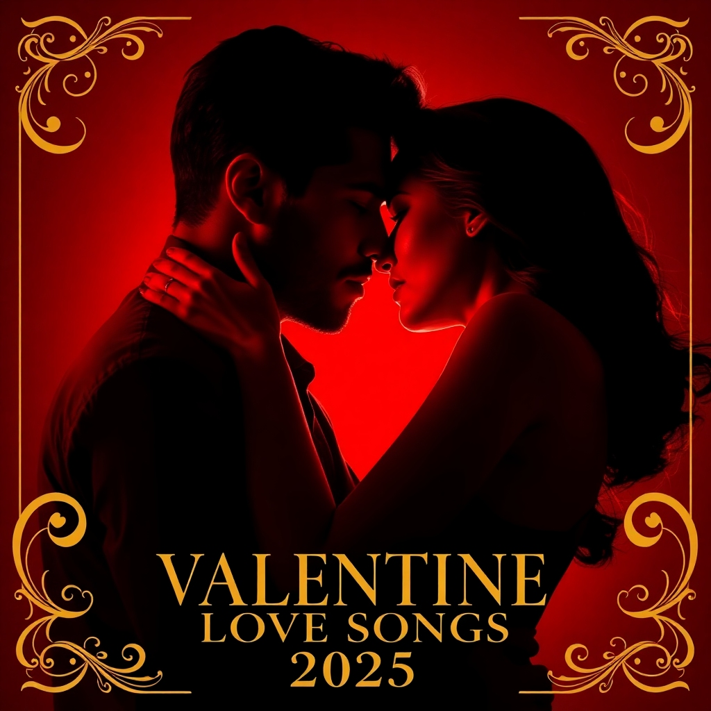 A vibrant and eye-catching promotional poster for Valentine Love Songs 2025, designed in the style of a vintage movie poster. The central focus is a close-up of a couple passionately embracing, their faces partially obscured by shadows, adding to the mystery and romance. Dramatic side lighting casts a chiaroscuro effect, emphasizing their silhouettes against a deep red background.  The color palette uses deep reds, rich burgundies, and dark shadows, creating a powerful and alluring mood. The camera angle is a medium close-up, allowing viewers to see the emotion in the couple's eyes and posture. The textures should be highly detailed, portraying the soft textures of clothing and hair. The background is a minimalist design, featuring subtle gold flourishes and the "Valentine Love Songs 2025" title in elegant Art Deco font. The image should be photorealistic, 8k resolution, and hyperrealistic, using advanced techniques for realistic skin rendering and shadow play.  The style should echo the glamorous Hollywood posters of the Golden Age of Cinema.