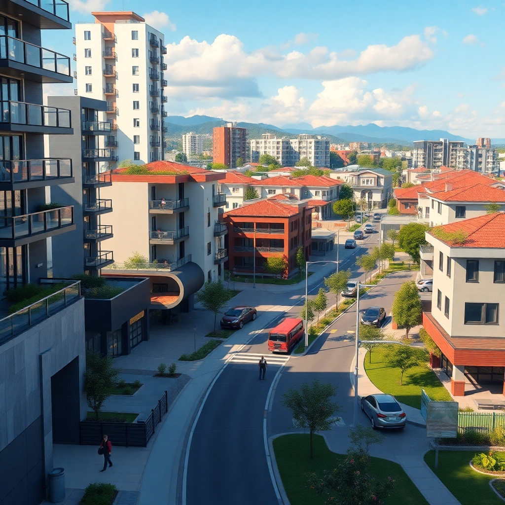 A vibrant and photorealistic image showcasing a desirable residential area or commercial district with bustling streets, modern architecture, and attractive landscaping.  Include features such as nearby parks, schools, and convenient transportation links.  The image should evoke a sense of prosperity and high demand, emphasizing the importance of location in real estate investment.