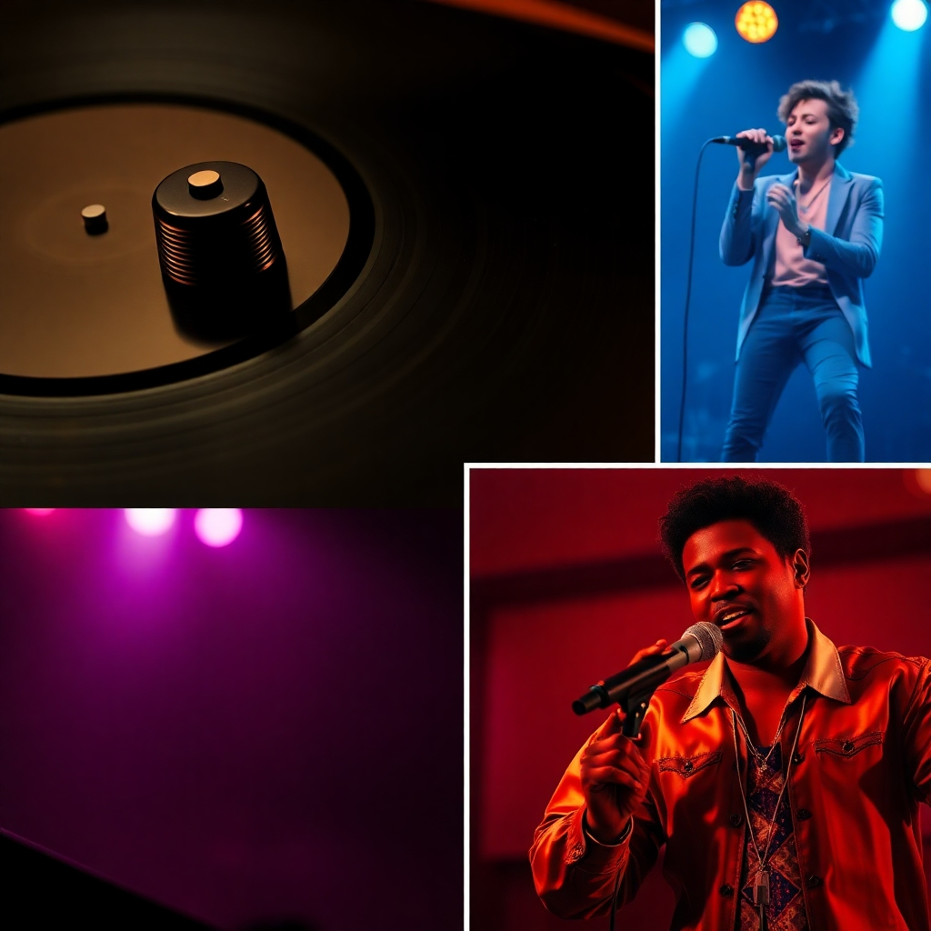 A vibrant collage showcasing snippets of diverse musical genres; a close-up of a vinyl record playing a ballad, a pop star performing on stage, and a soulful R&B singer in a dimly lit club.  High resolution, photorealistic, warm lighting, detailed textures.